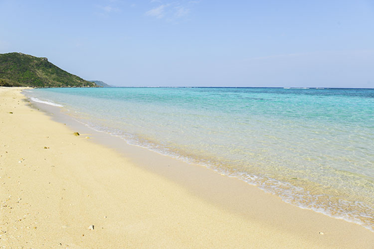 新城海岸の入り江と緑の岬に囲まれた遠浅の海
