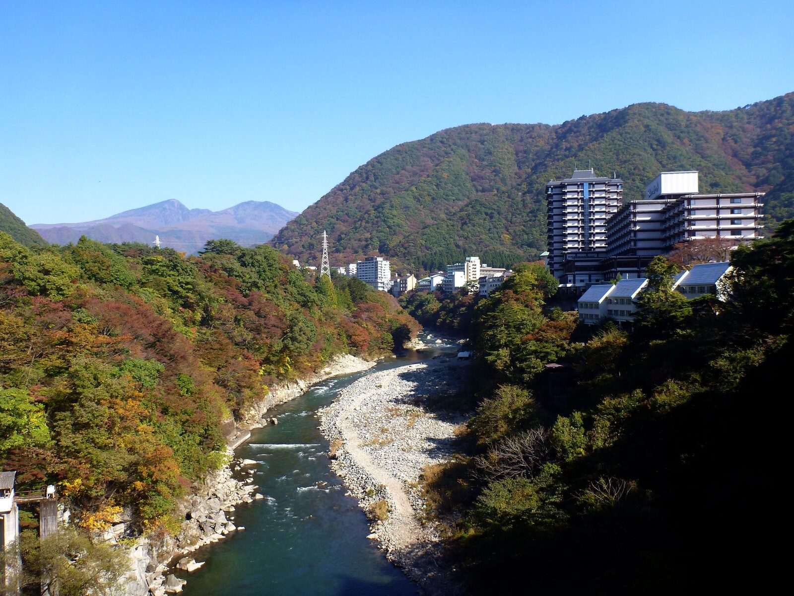 紅葉に彩られた鬼怒川温泉街と渓谷の眺め