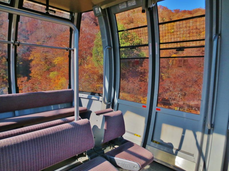紅葉の谷を渡る谷川岳ロープウェイのゴンドラ車内