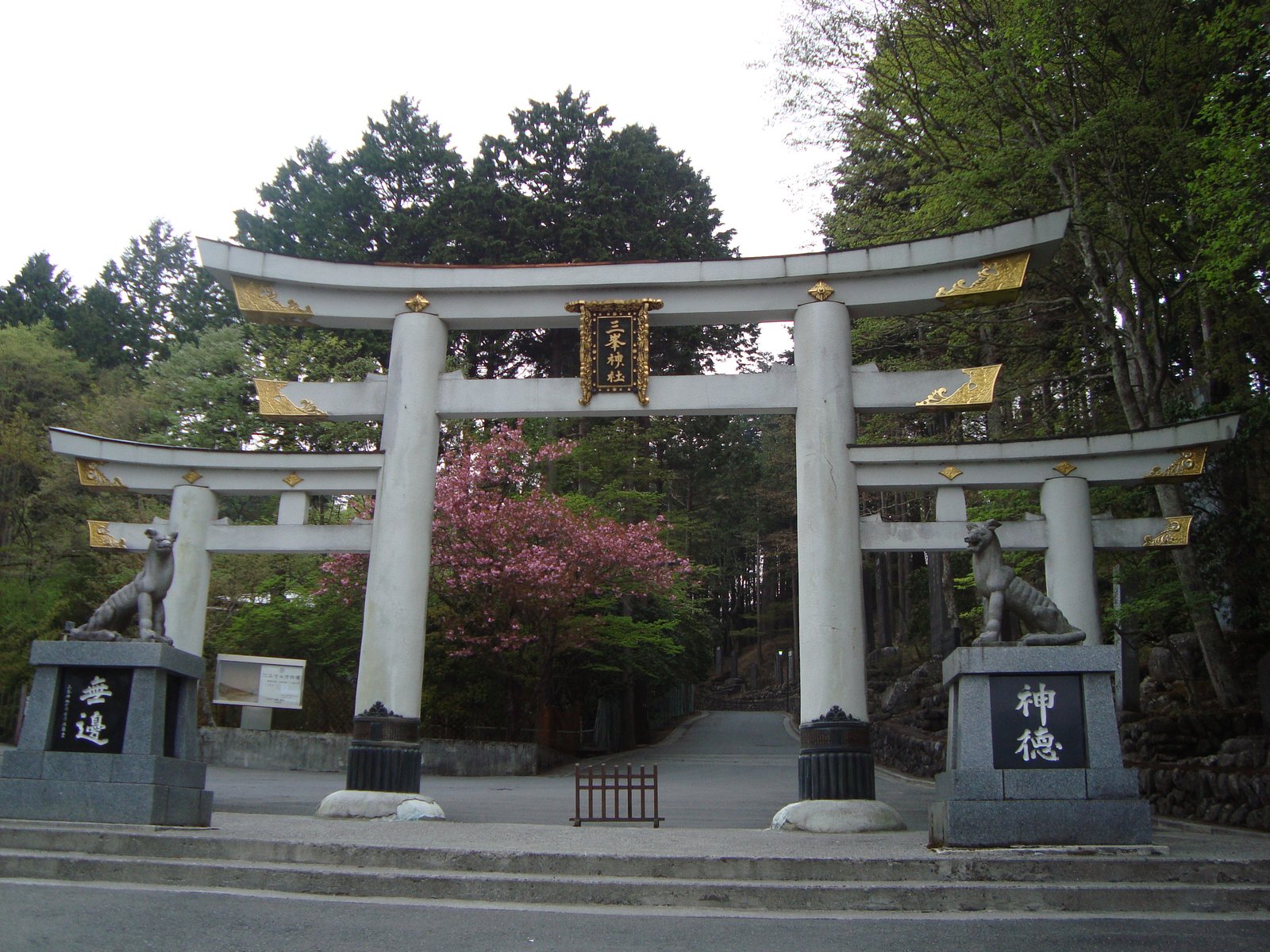 三峯神社の大鳥居と両脇に立つ狼の像