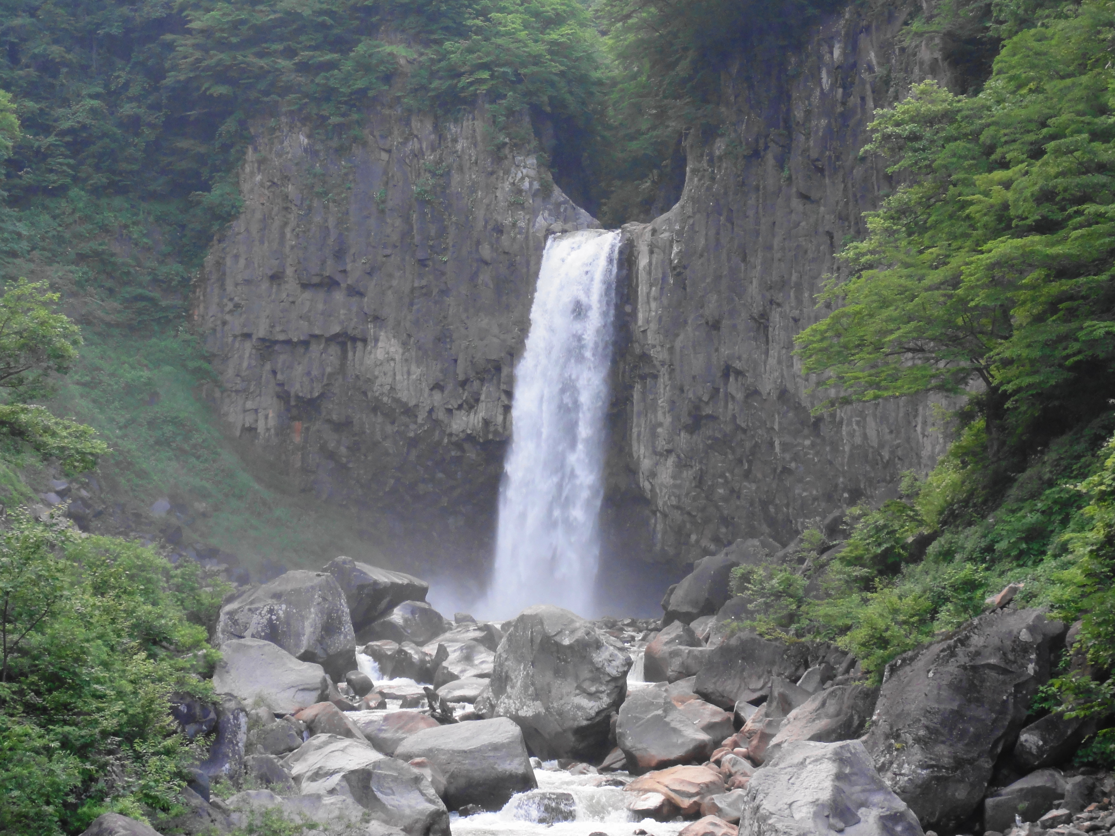 関川の渓谷に流れ落ちる夏の苗名滝