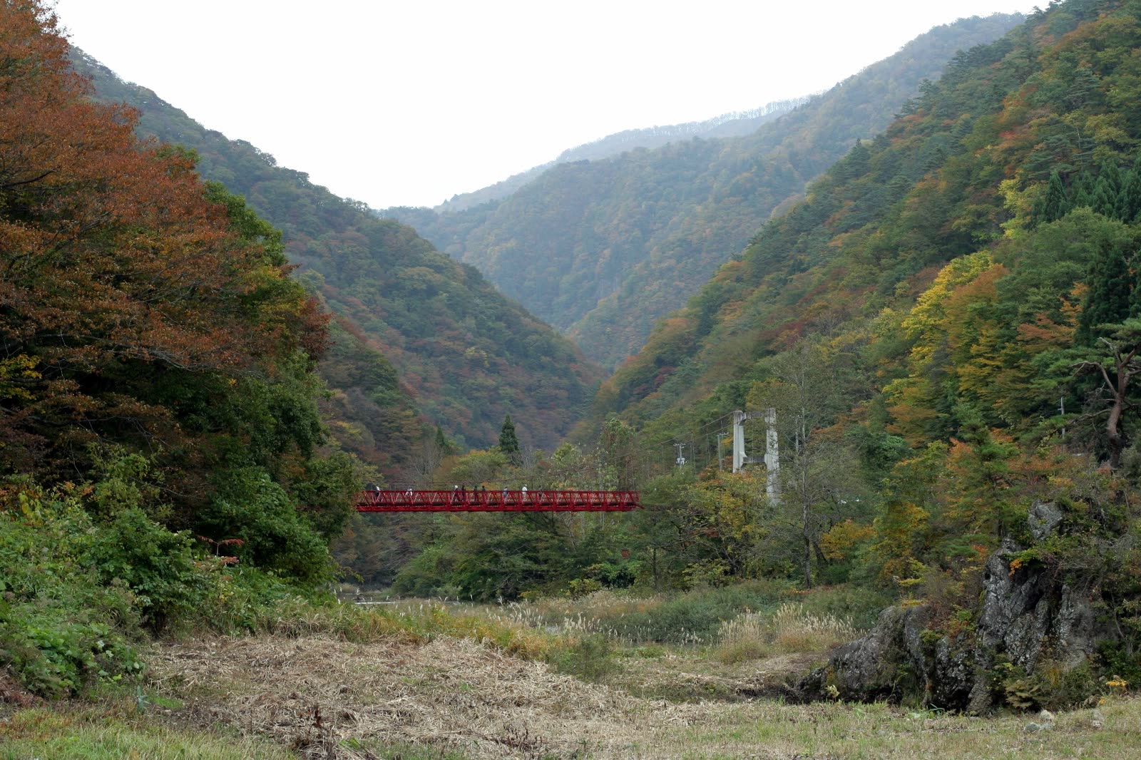 遠くから望む抱返り渓谷と神の岩橋、紅葉の山々
