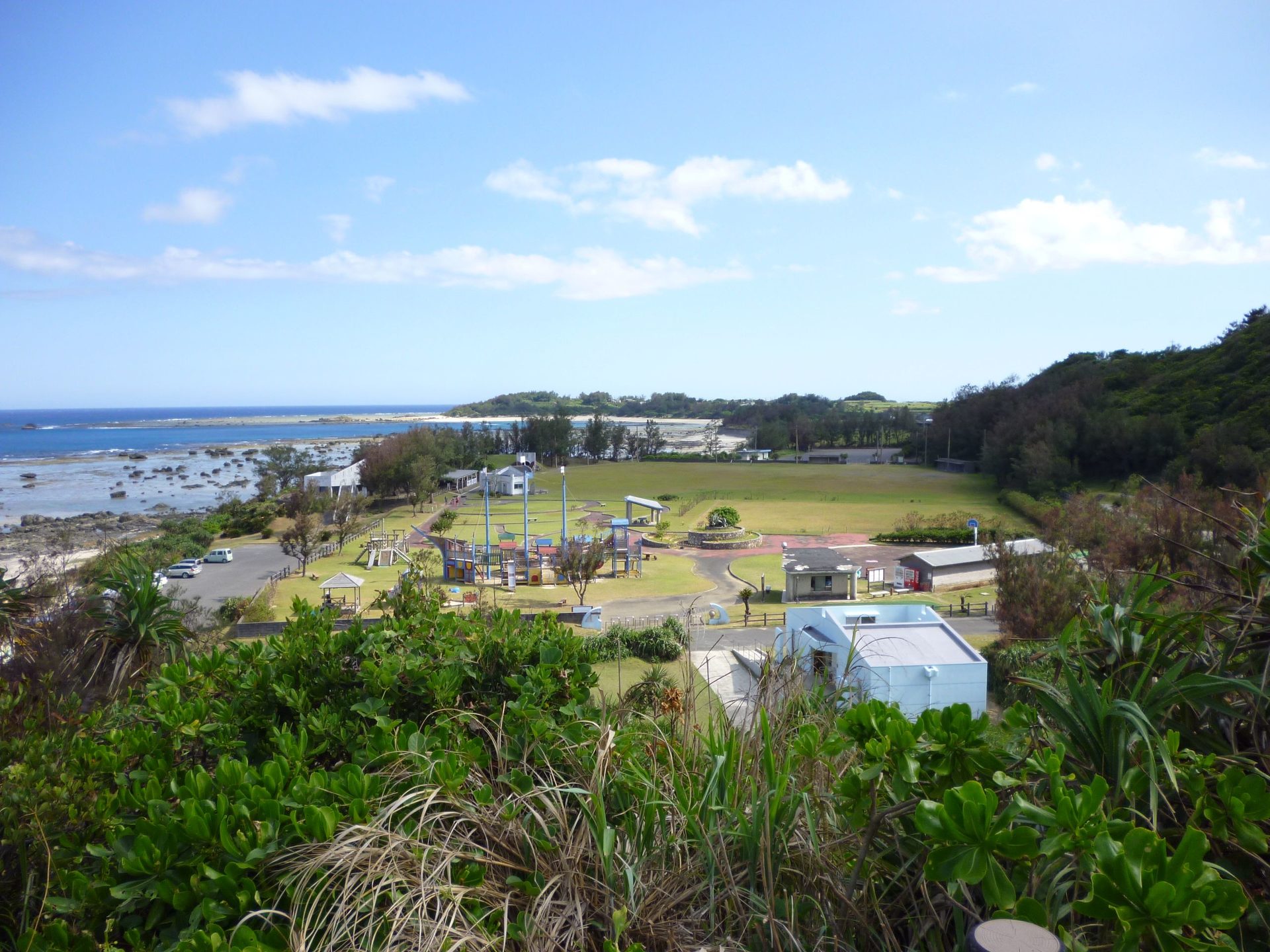 高台から見下ろしたあやまる岬観光公園の広場と岩礁の海岸