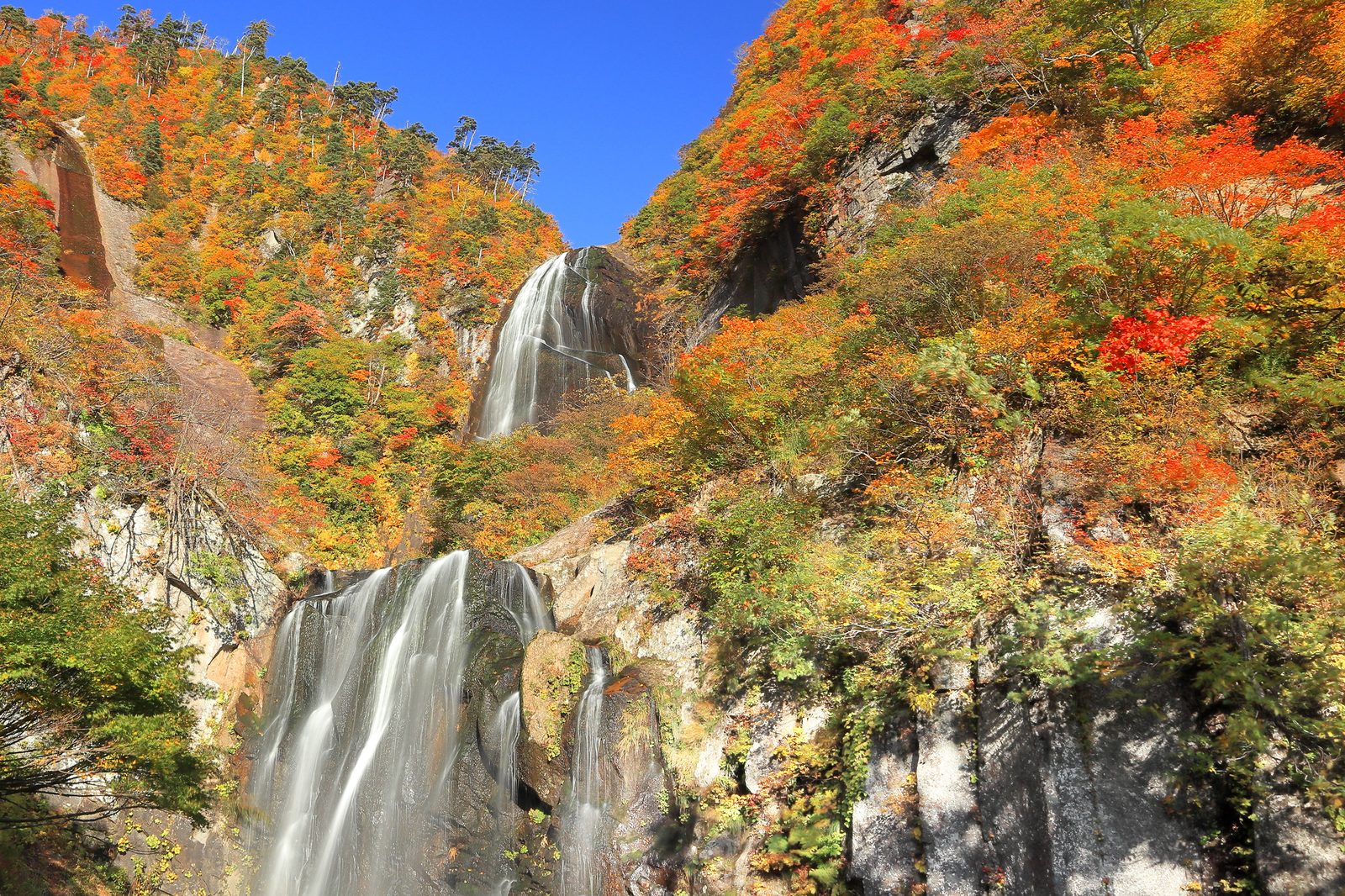紅葉期の安の滝、青空と紅葉に包まれる二段の滝