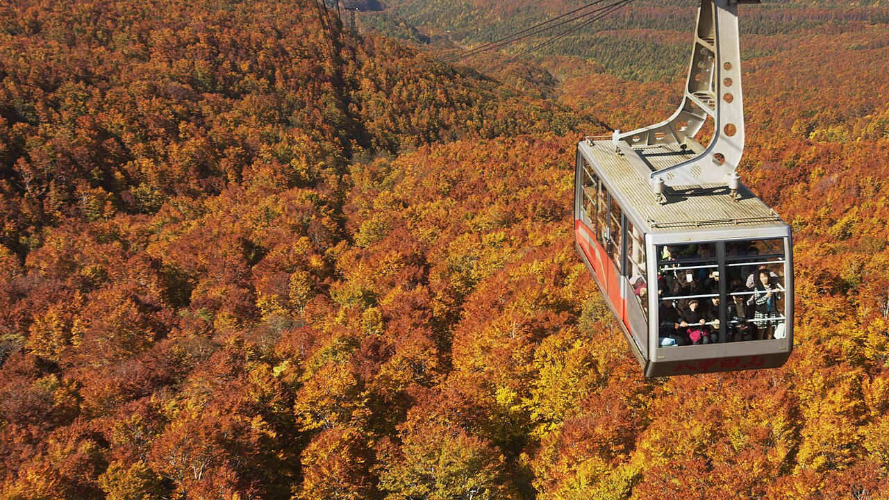 紅葉に染まる八甲田の斜面を進む八甲田ロープウェーのゴンドラ