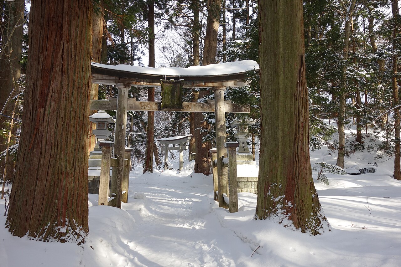 杉木立に挟まれた十和田神社の参道の鳥居