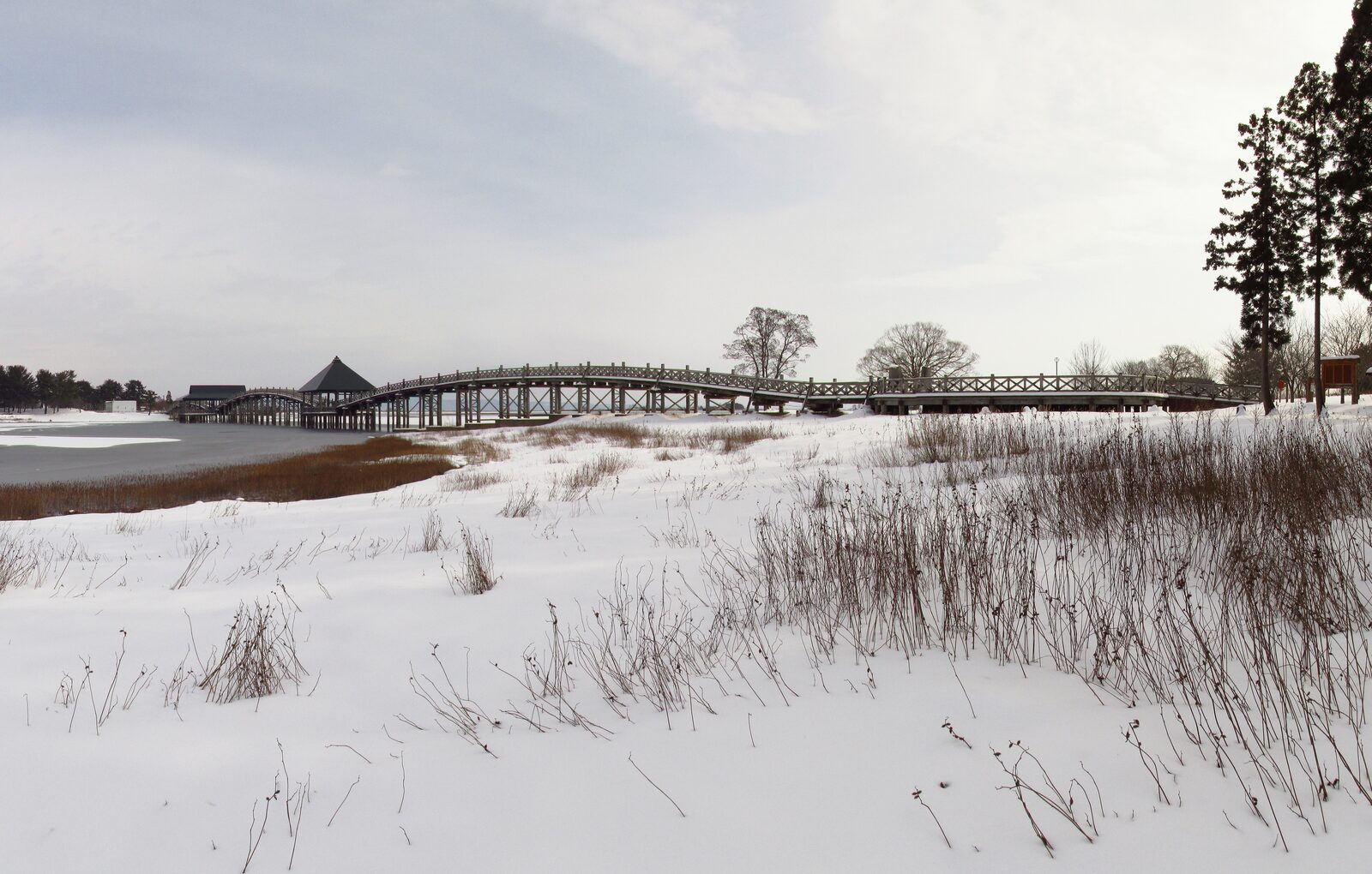 雪化粧した鶴の舞橋の冬景色