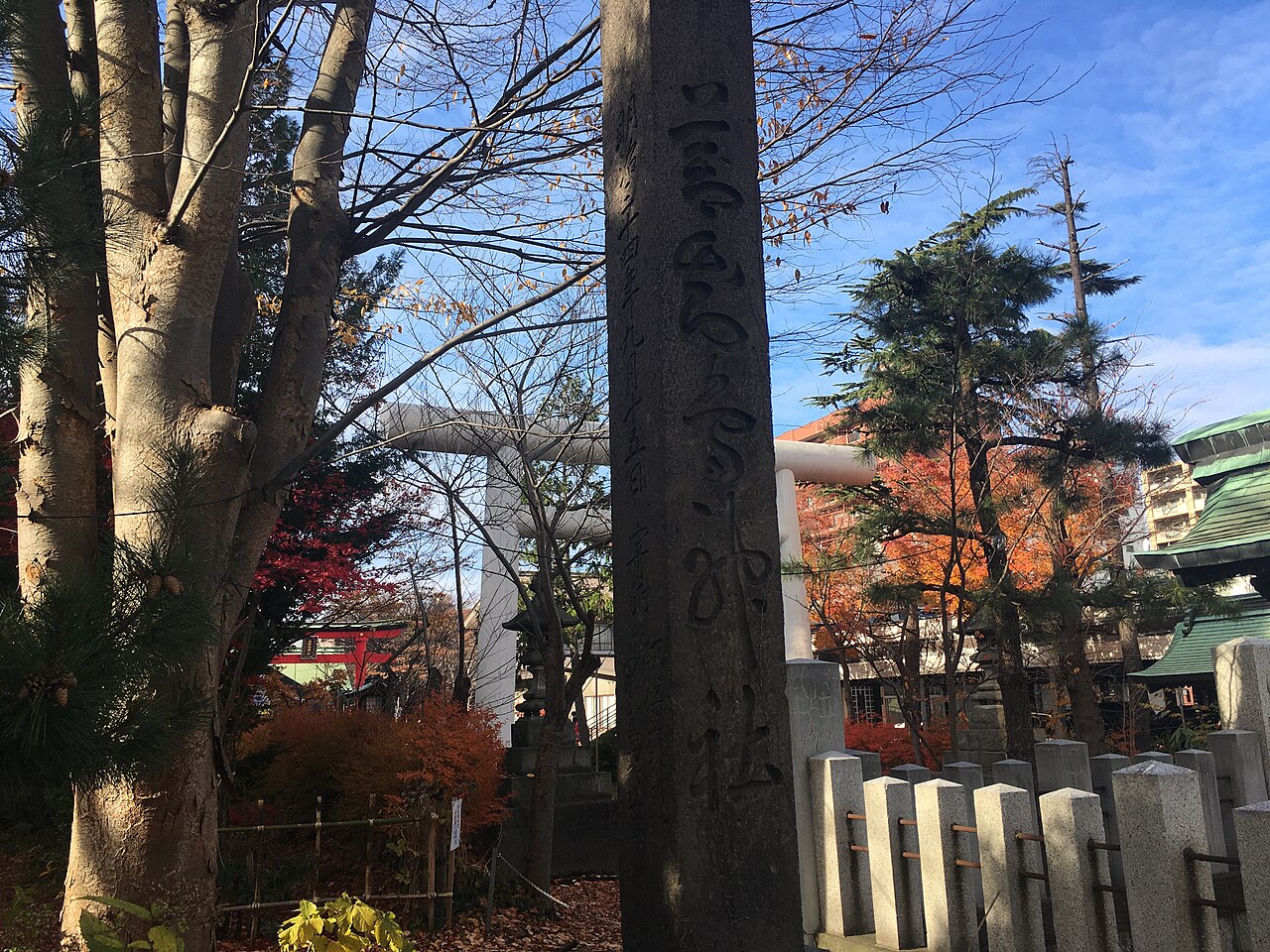善知鳥神社の境内に立つ石碑と大木、奥に見える石の鳥居