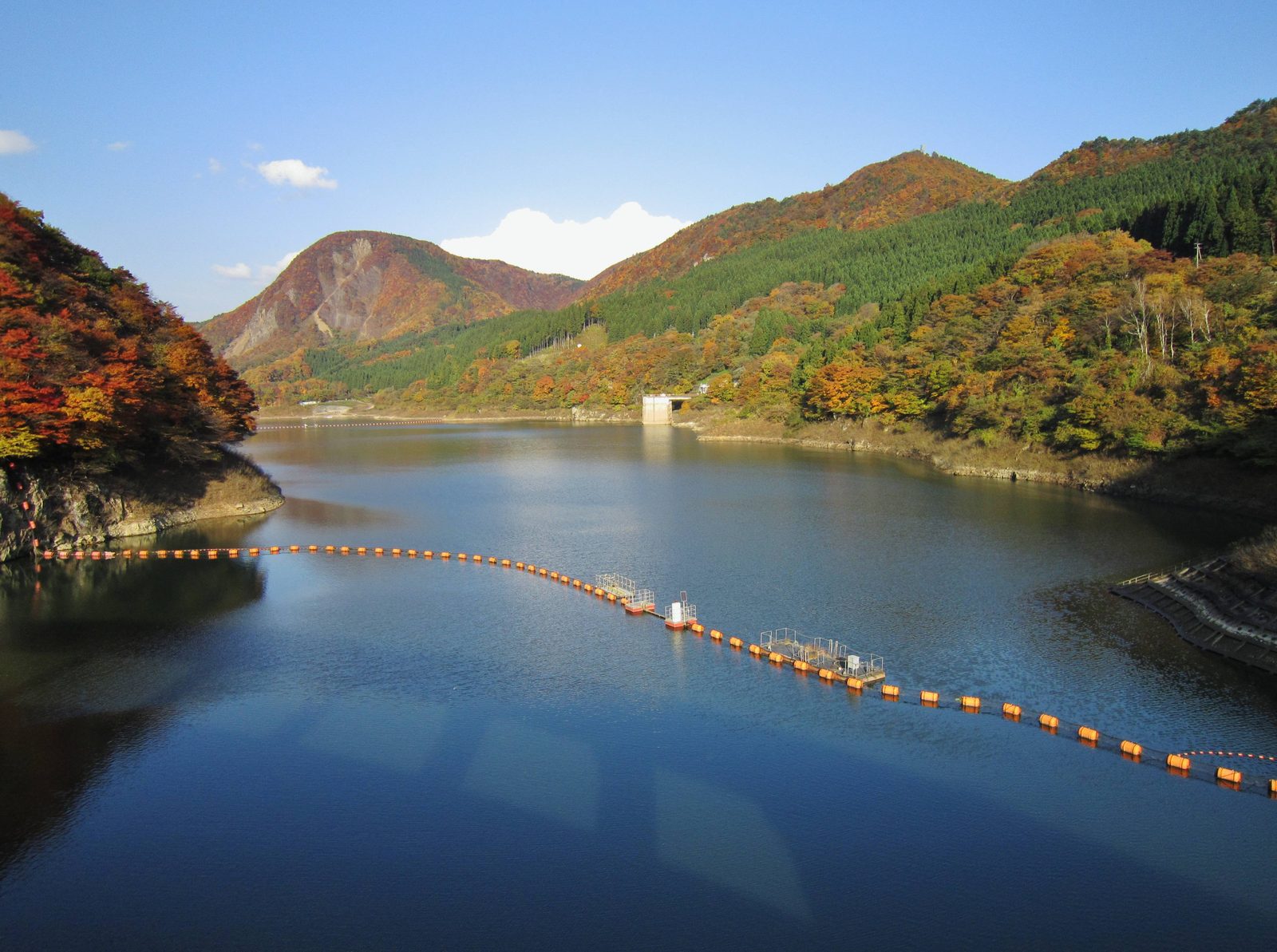 荒雄湖（鳴子ダム湖）の紅葉に彩られた湖面