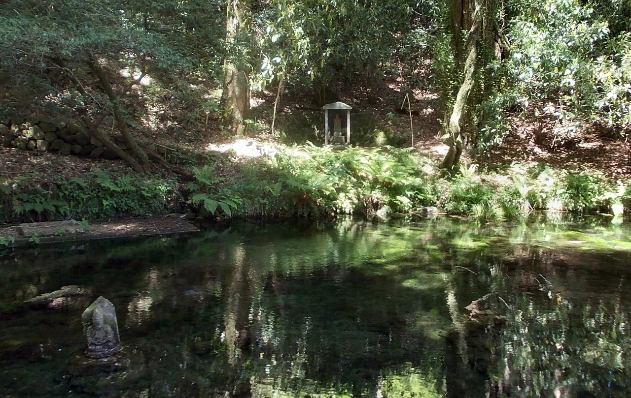 池山水源の森に囲まれた池と小さな祠