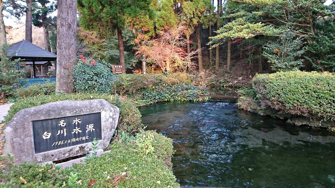 白川水源の湧水池、澄んだ水が湧き出る様子と名水百選の石碑