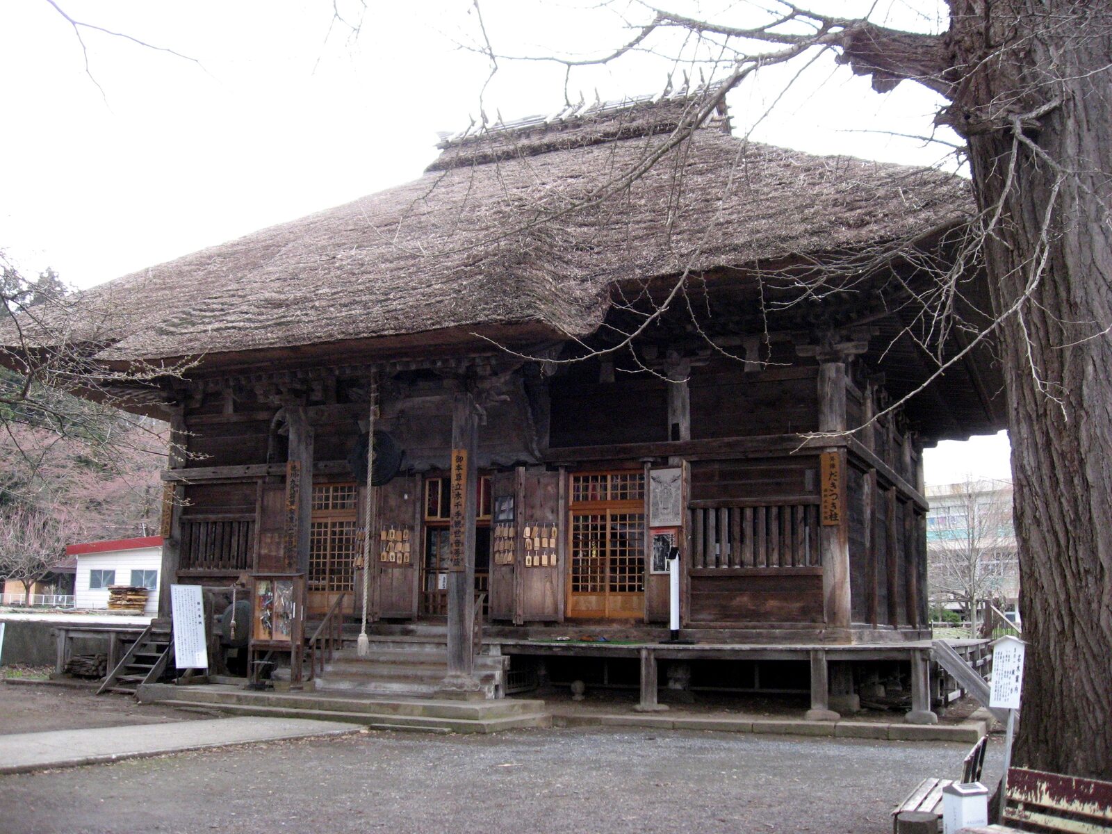 恵隆寺(立木観音堂)の茅葺屋根の観音堂外観