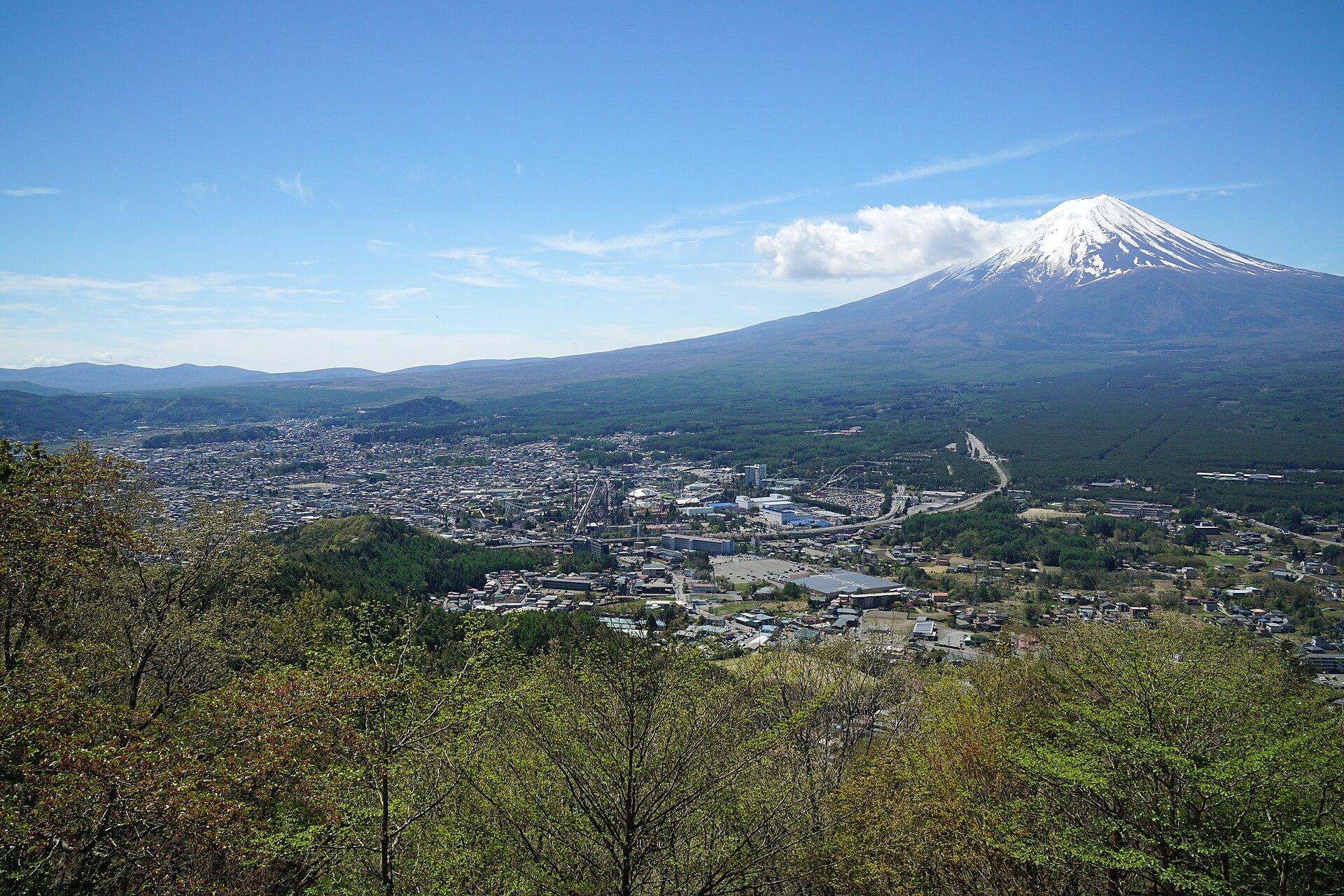 天上山展望台から見下ろす河口湖の街と富士山