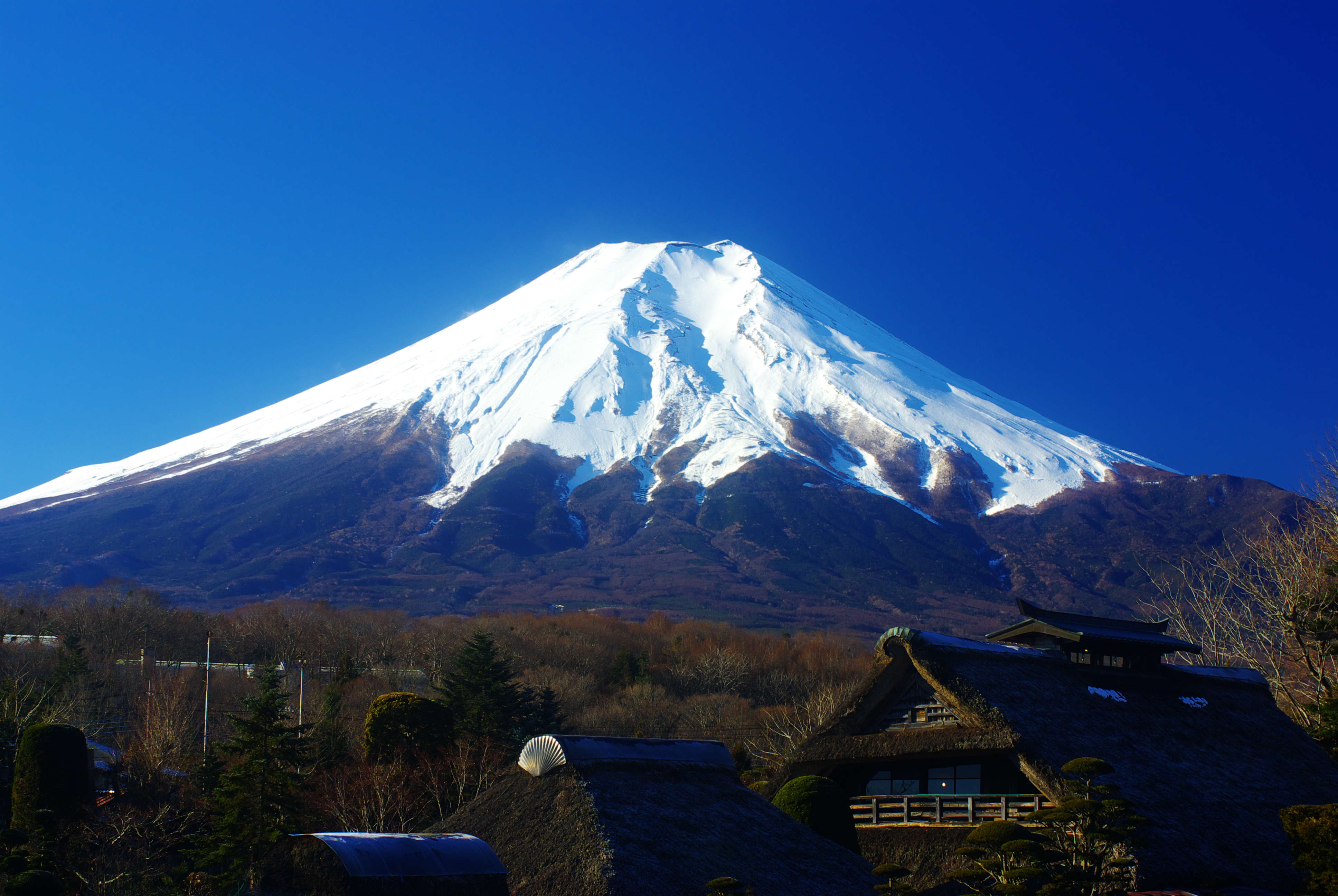 忍野八海の澄んだ池と富士山