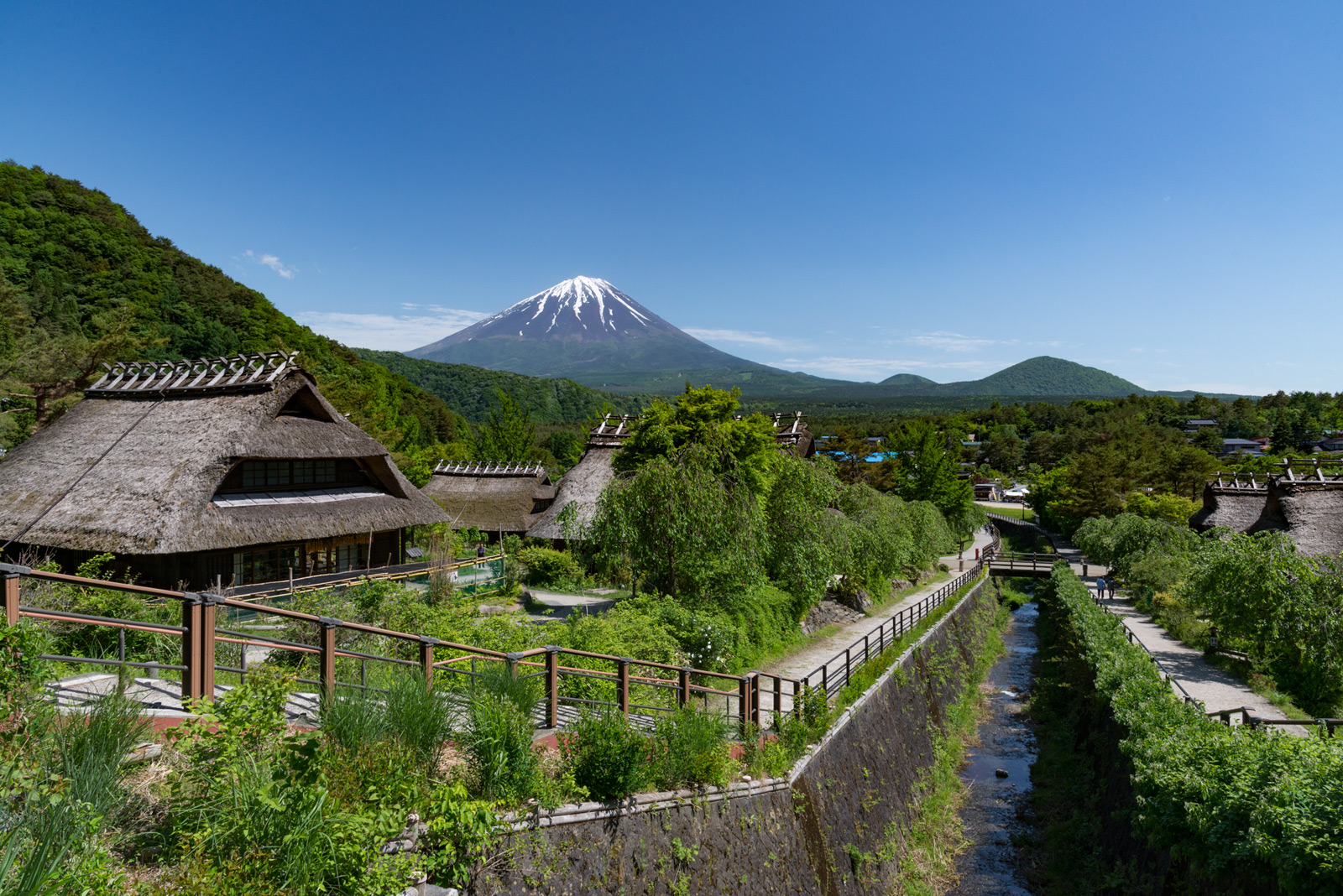 西湖いやしの里根場の茅葺き民家と富士山