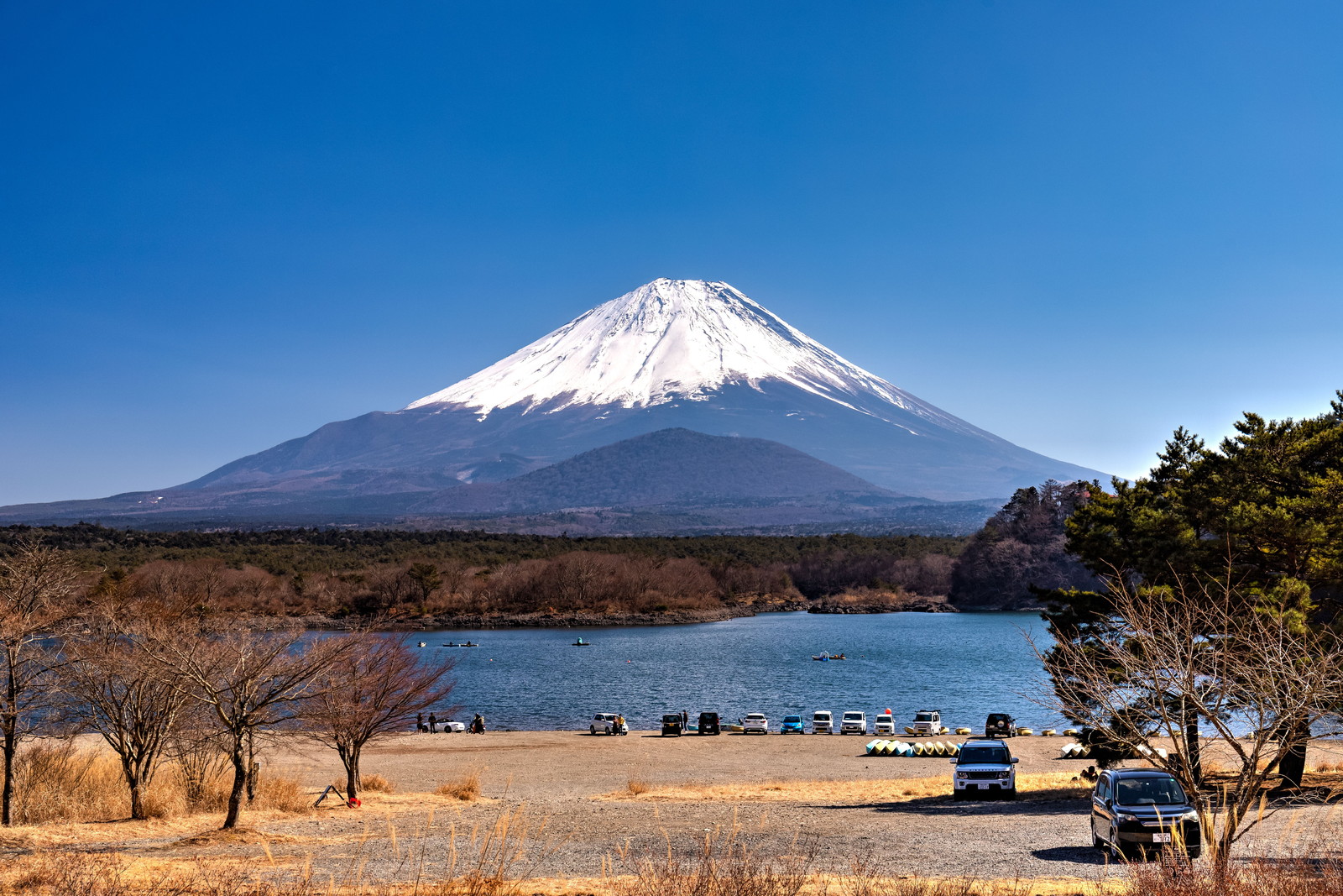 精進湖畔の他手合浜と富士山