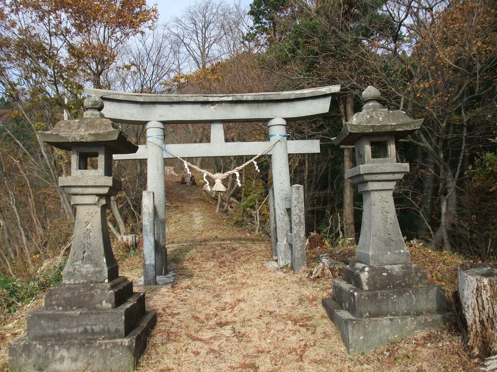 副川神社参道の石鳥居と常夜灯