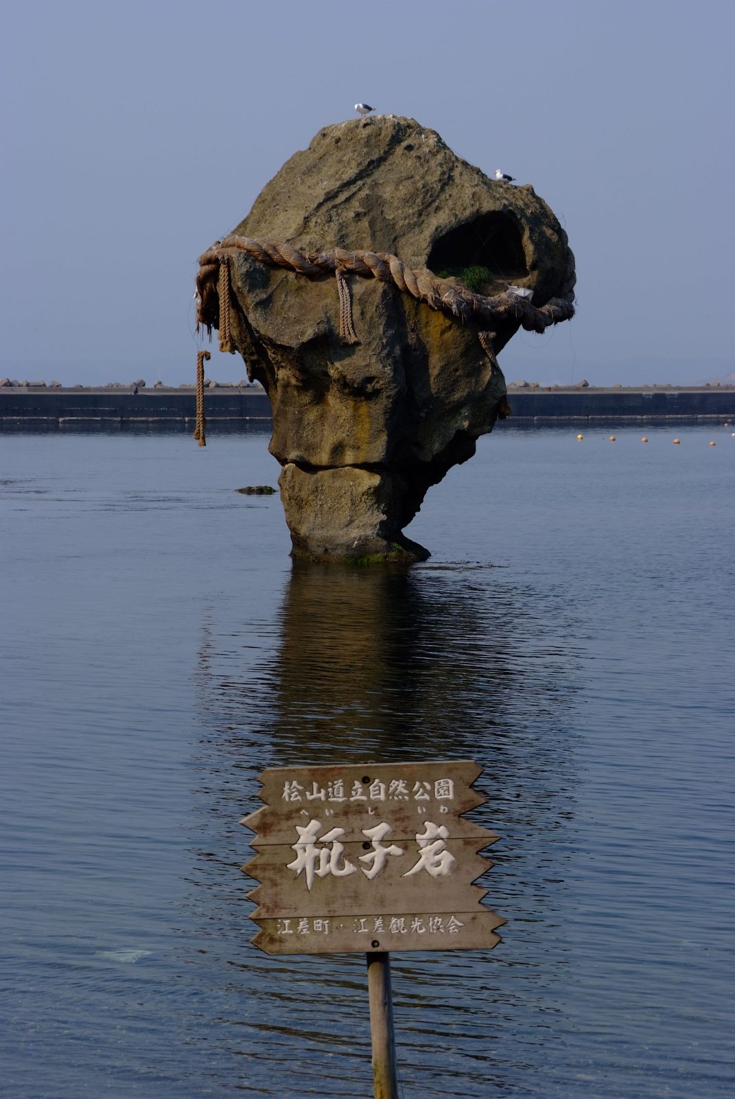 海に立つ瓶子岩、しめ縄が掛けられている