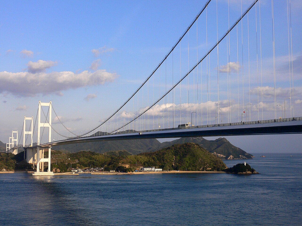 来島海峡大橋の主塔とケーブルを見上げるアングル