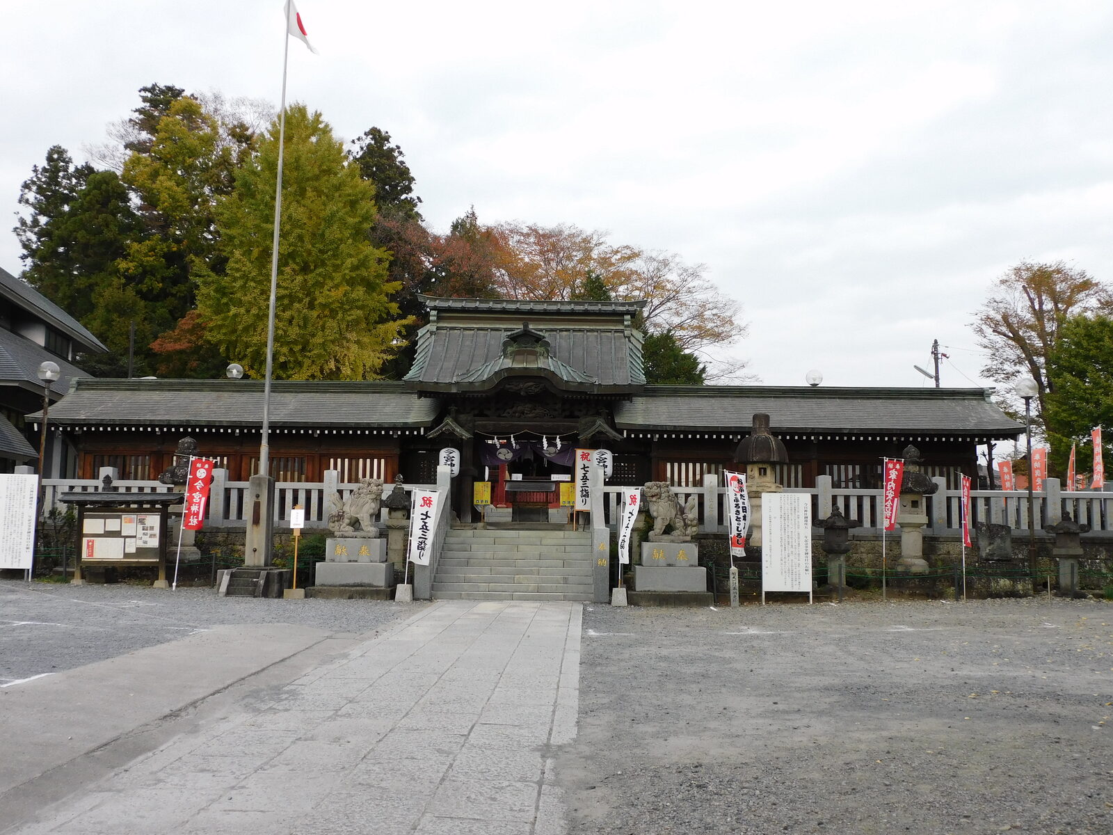 鹿沼今宮神社の社殿と狛犬、奉納の幟