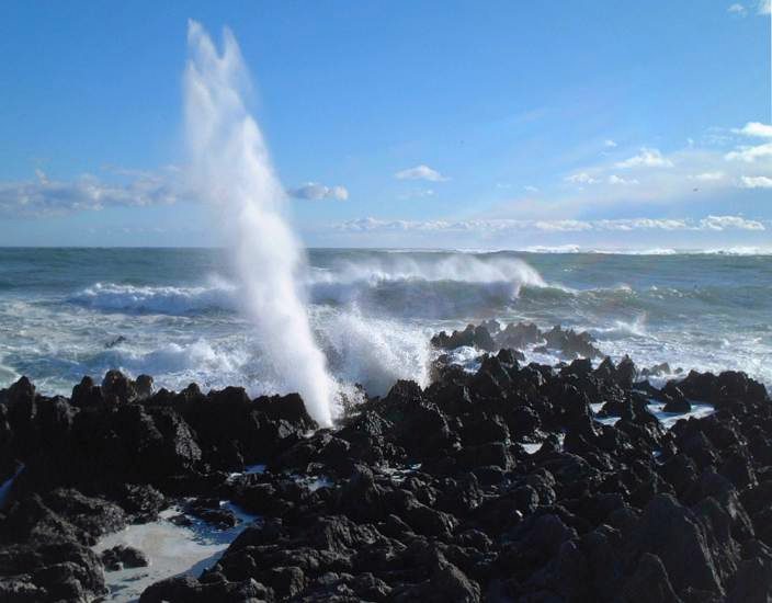 青空に向かって伸びる潮吹き岩の水柱