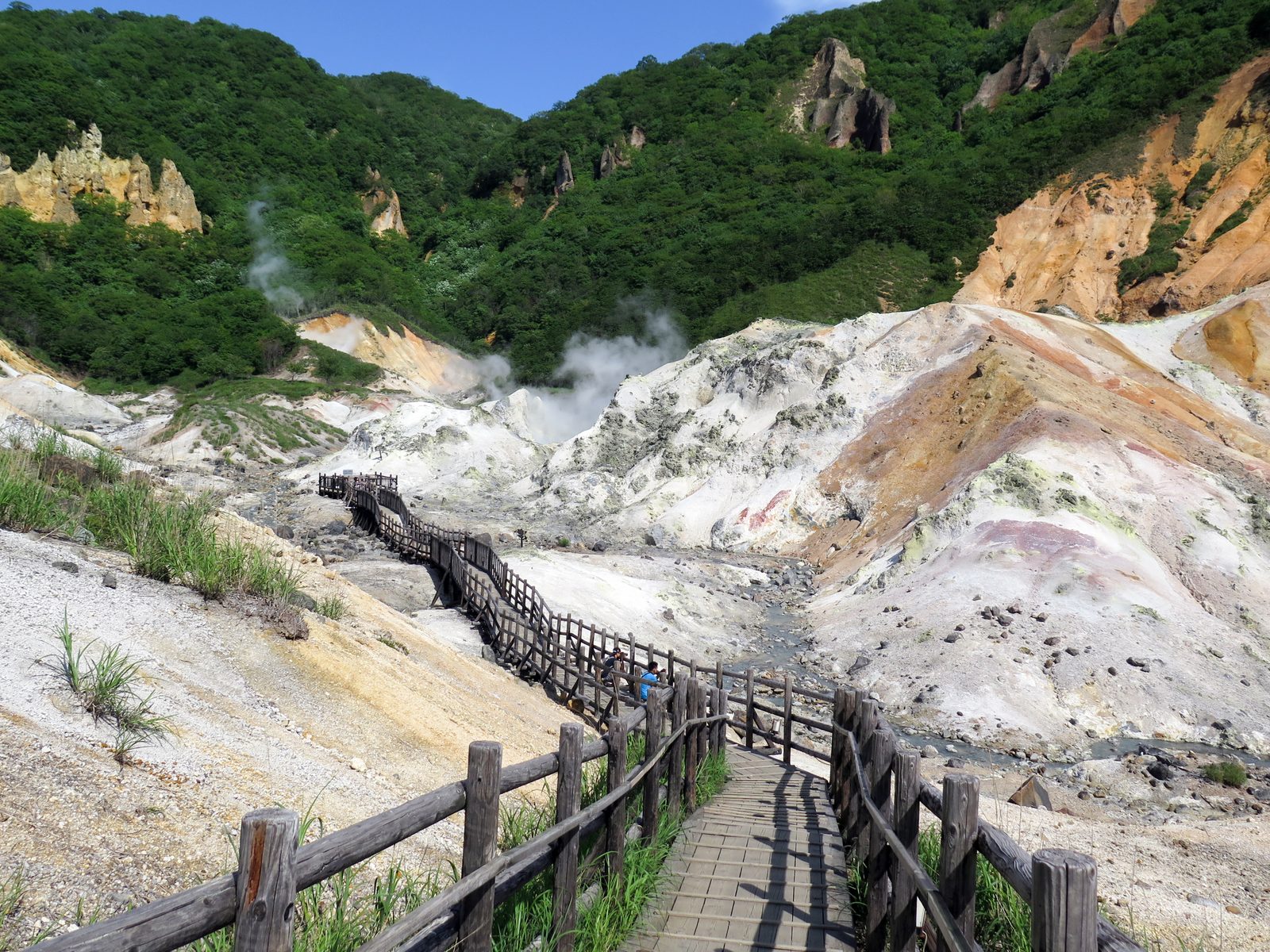 登別地獄谷、湯けむりが立ちのぼる爆裂火口跡と木道の探勝路