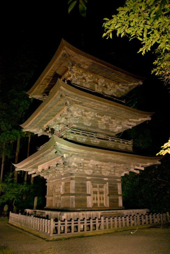 夜にライトアップされた本山慈恩寺の三重塔