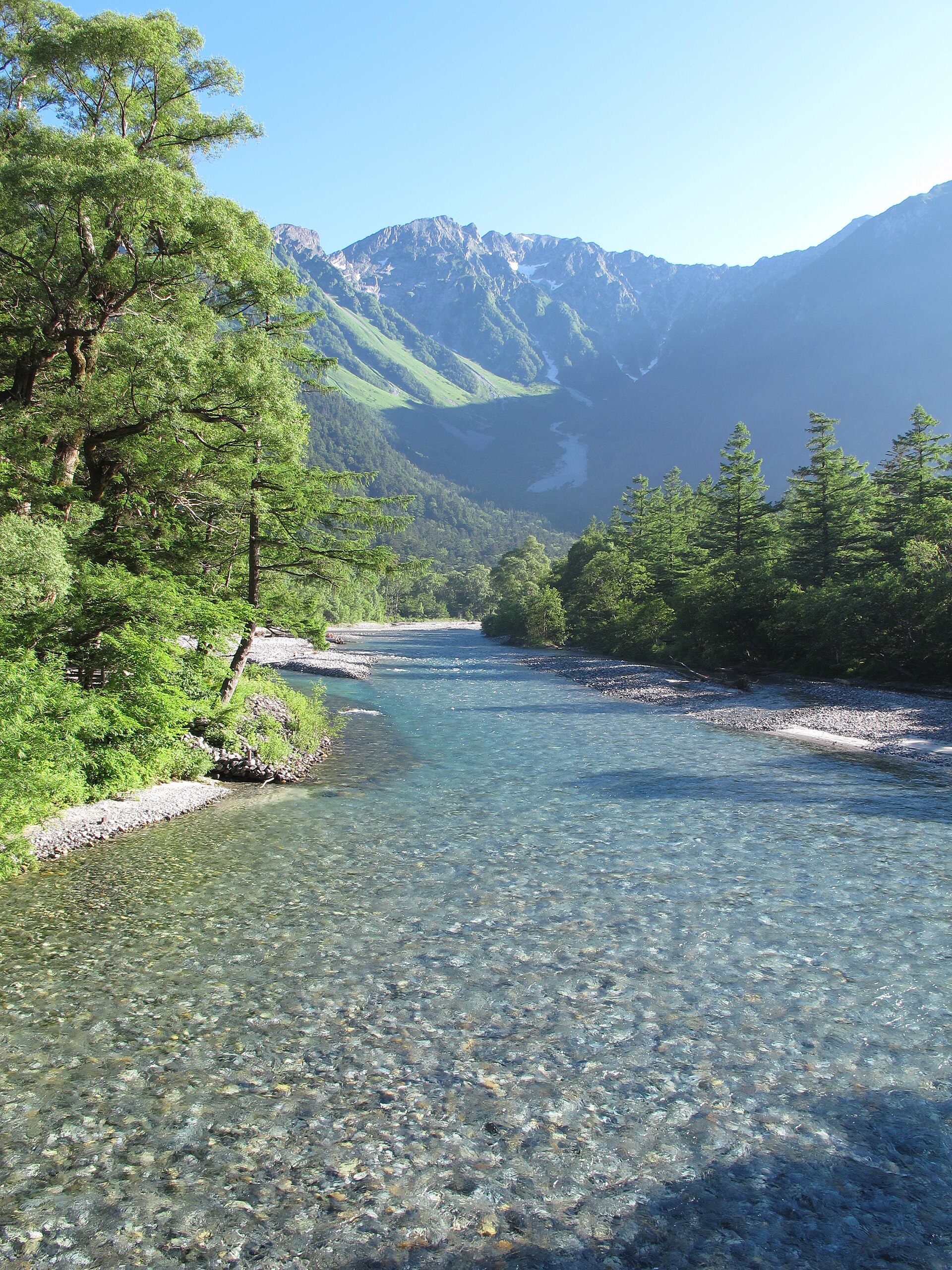 梓川右岸の清流と山並み