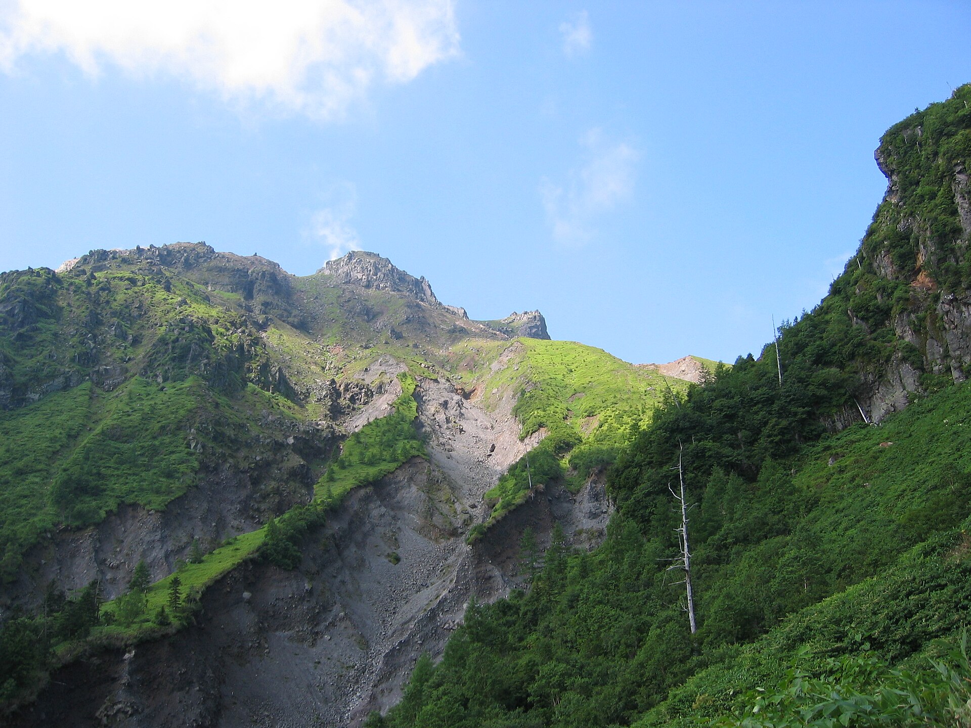 焼岳の山腹の崩落地と噴気