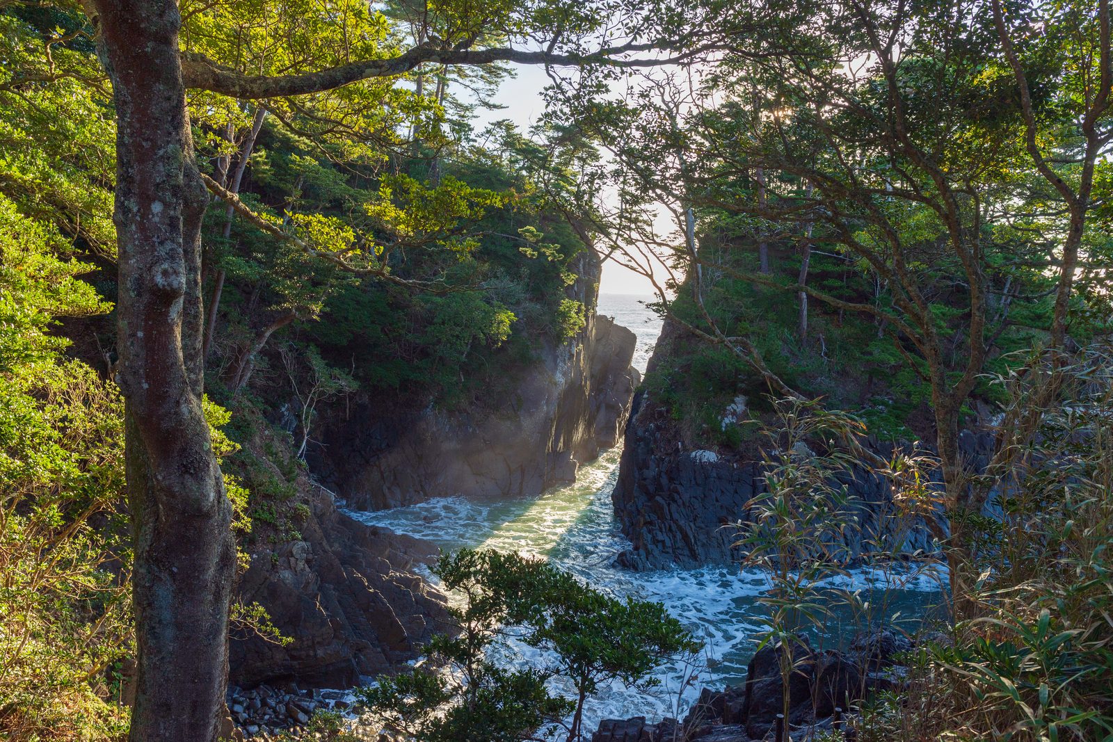 神割崎の断崖と打ち寄せる荒波