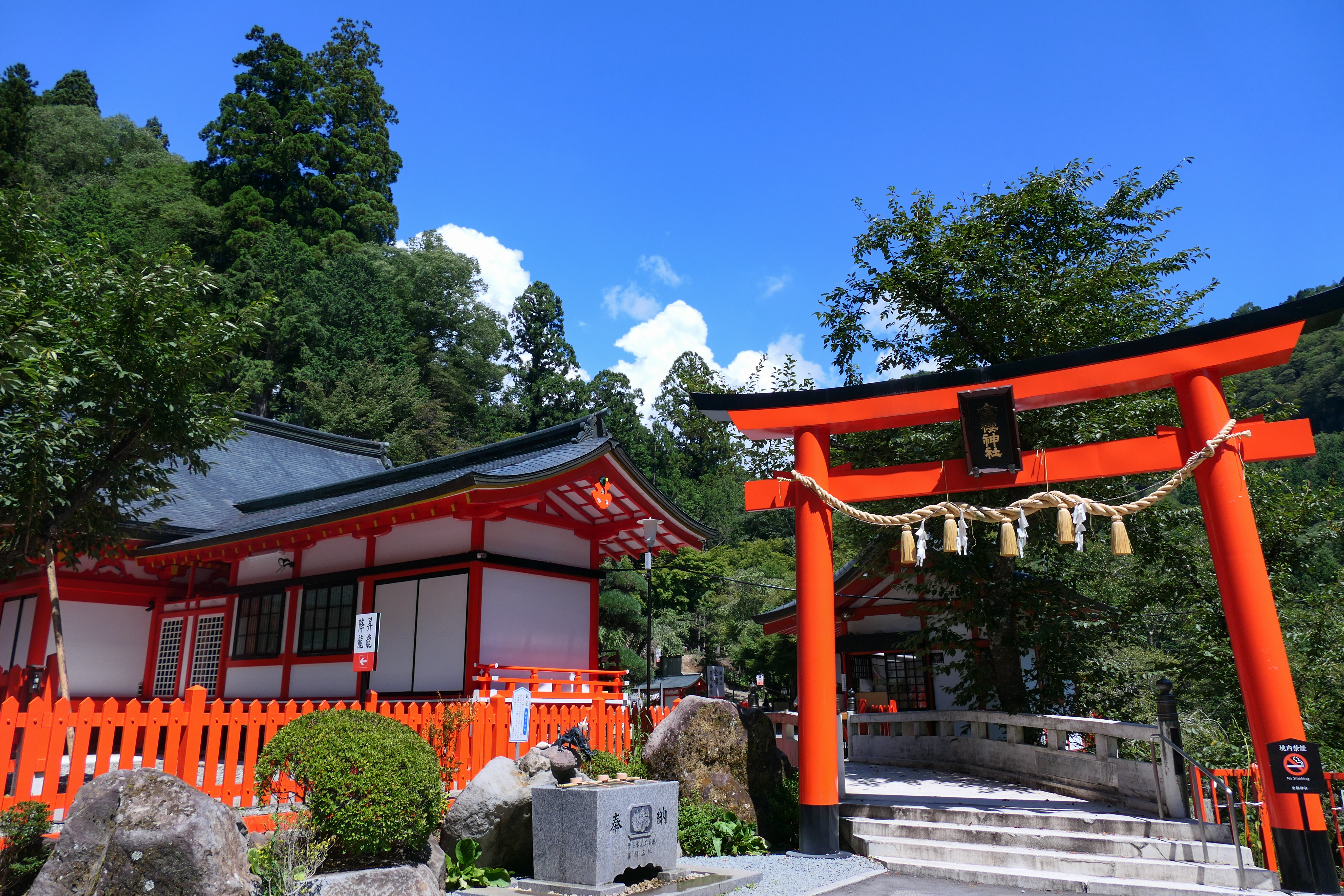 金櫻神社の朱塗りの鳥居と社殿