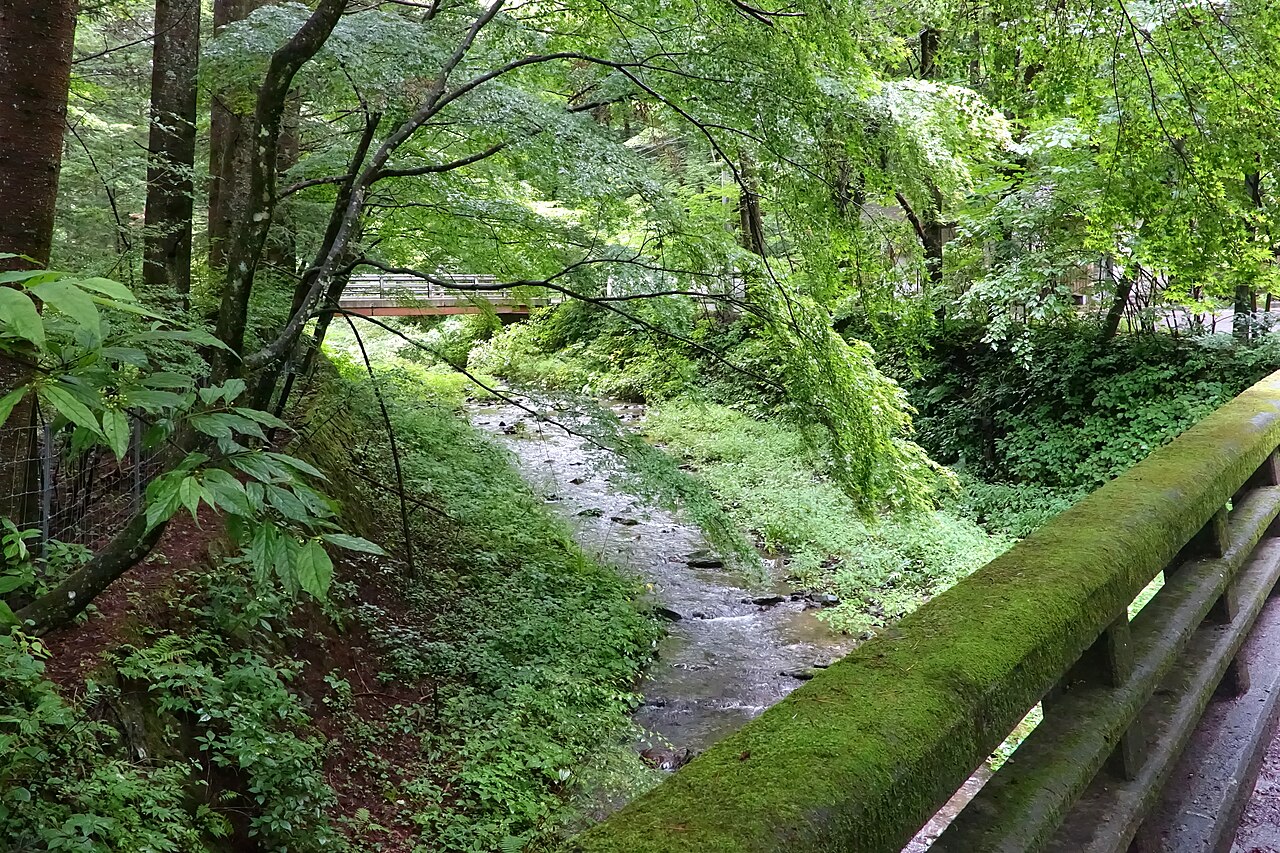 二手橋が架かる矢ヶ崎川。苔むした欄干の先に木立と清流が続く旧軽井沢の風景