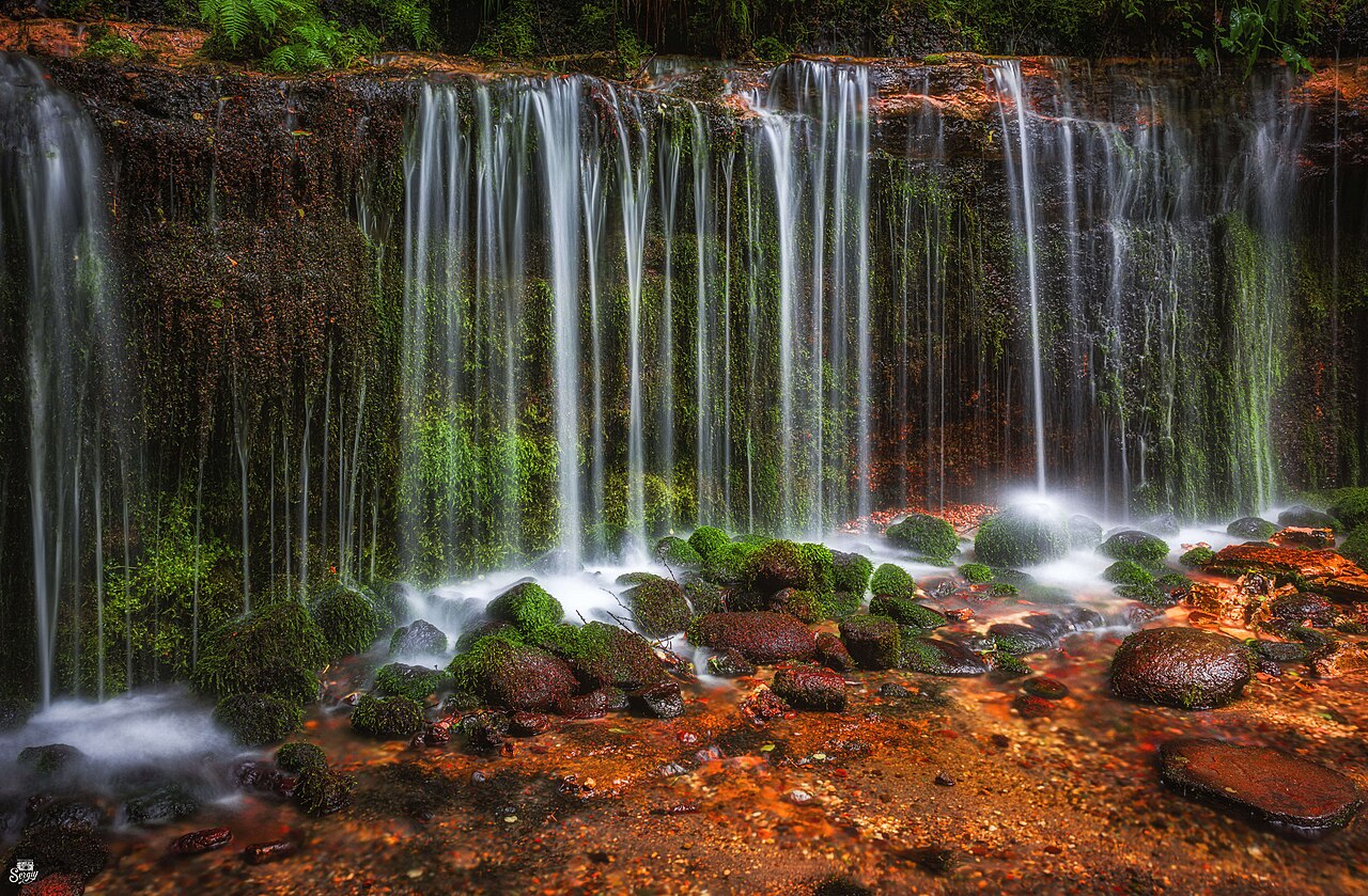 白糸の滝の水の筋と鮮やかな緑の苔、丸い苔石と赤茶色の川床の接写