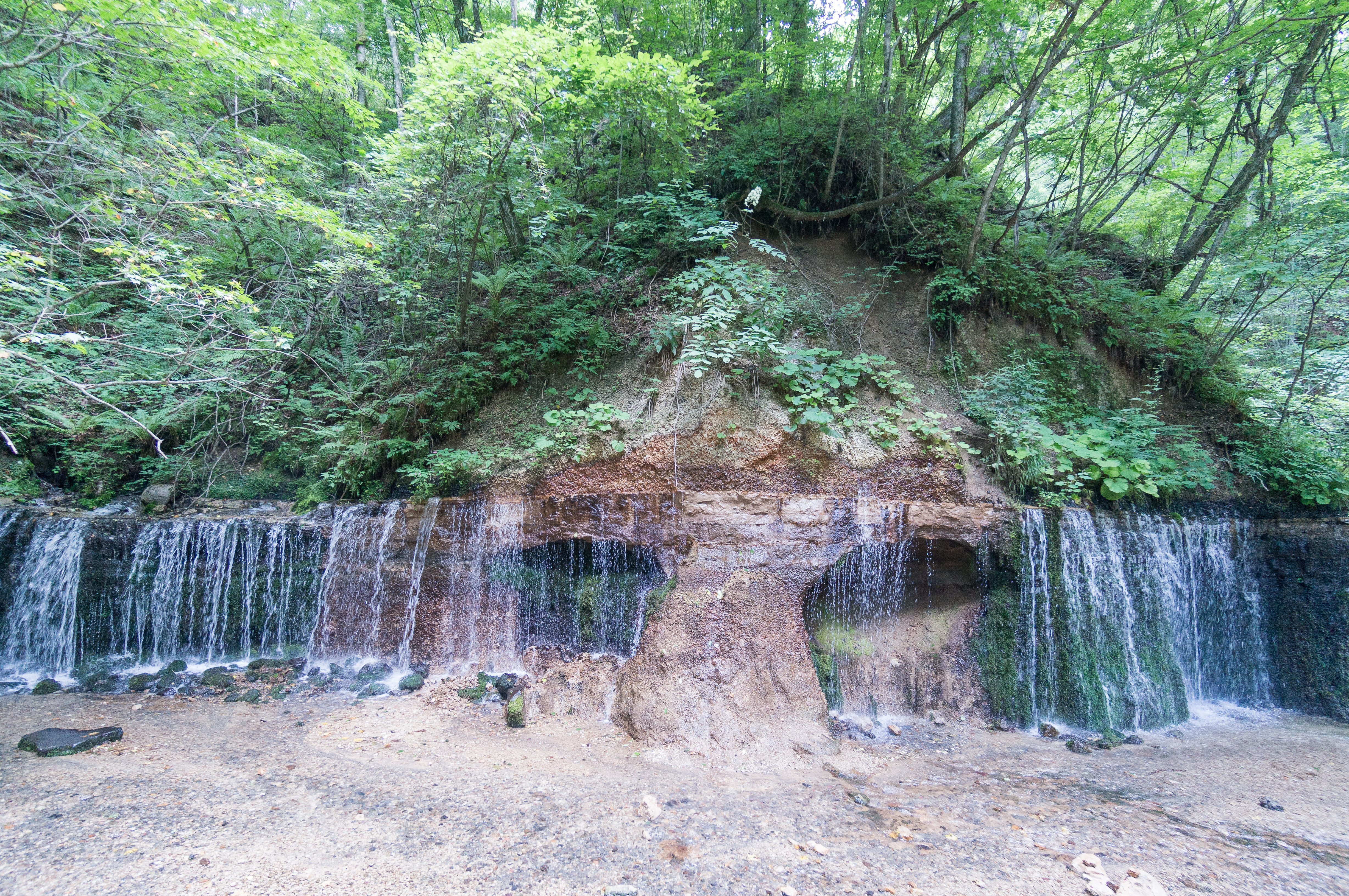 白糸の滝の全景。岩壁の上に茂る新緑の木々と、手前に広がる砂利の川床