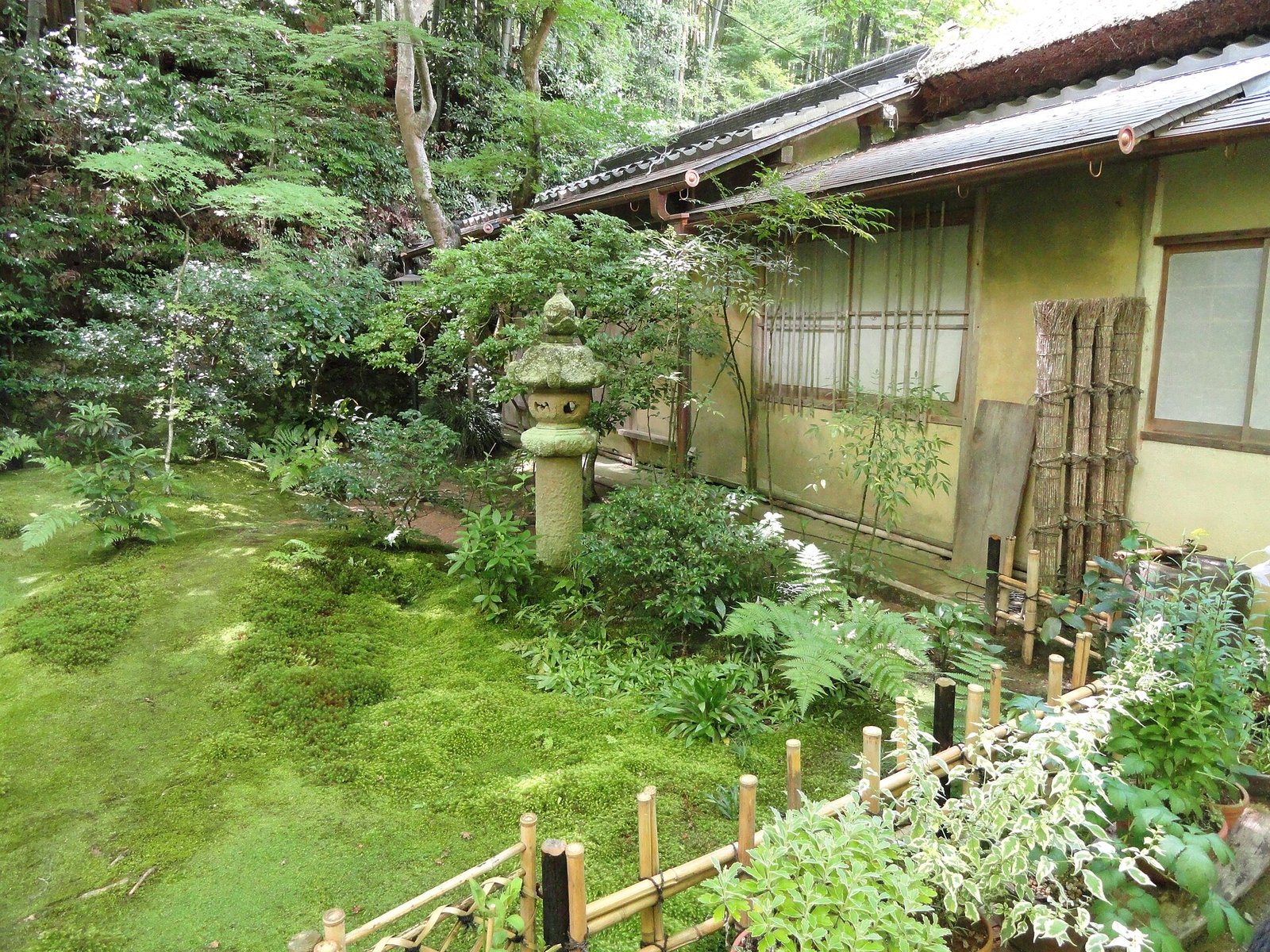 祇王寺の草庵と石灯籠、苔庭