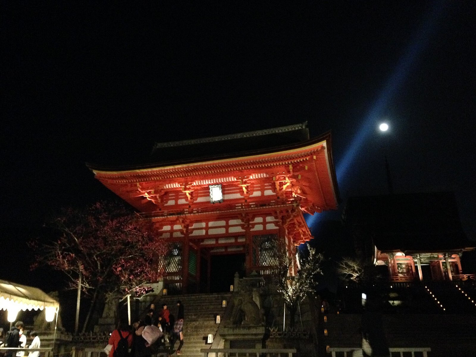 夜間特別拝観でライトアップされた清水寺の仁王門と月
