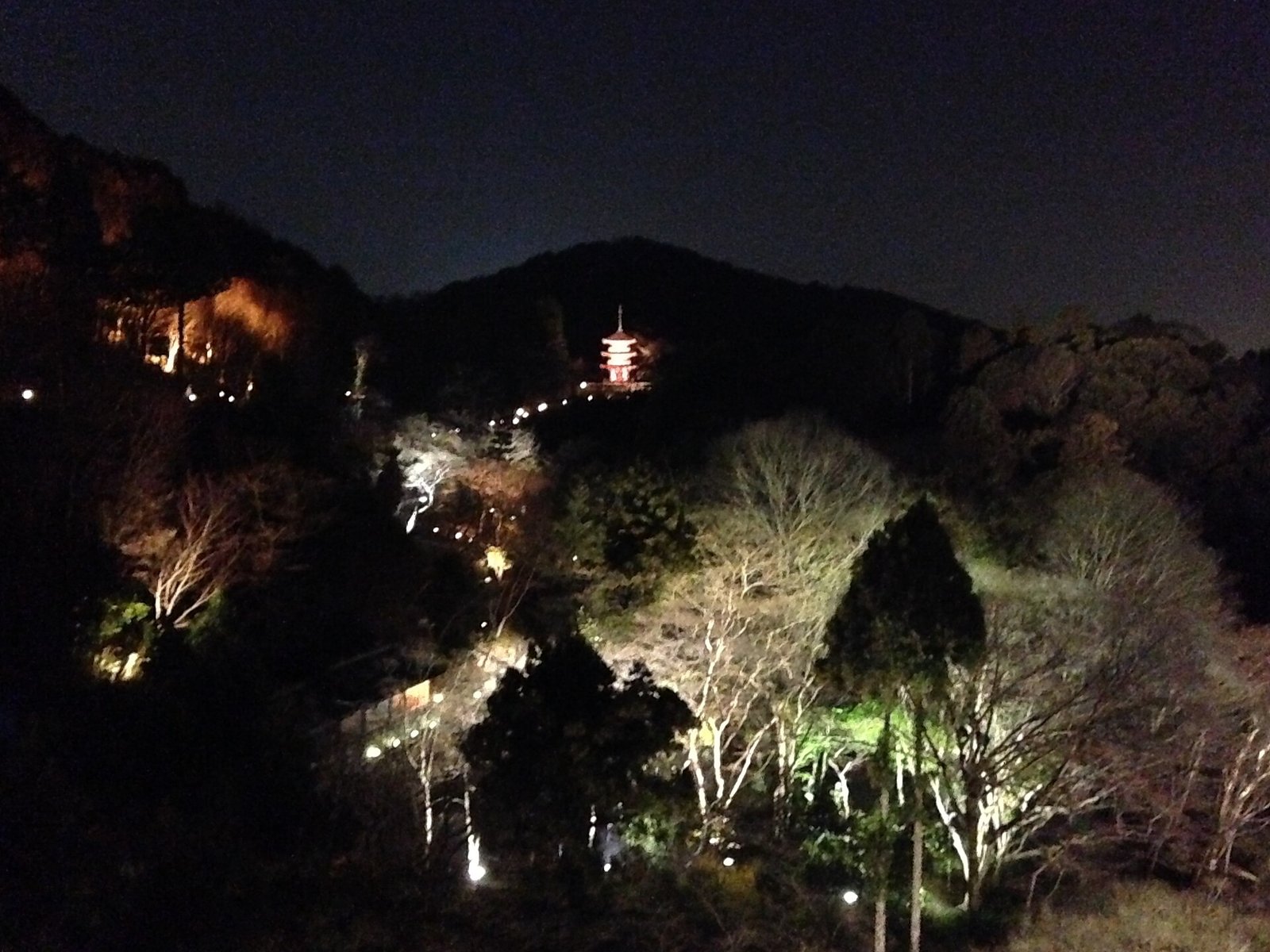 夜間拝観でライトアップされた清水寺の子安塔と境内