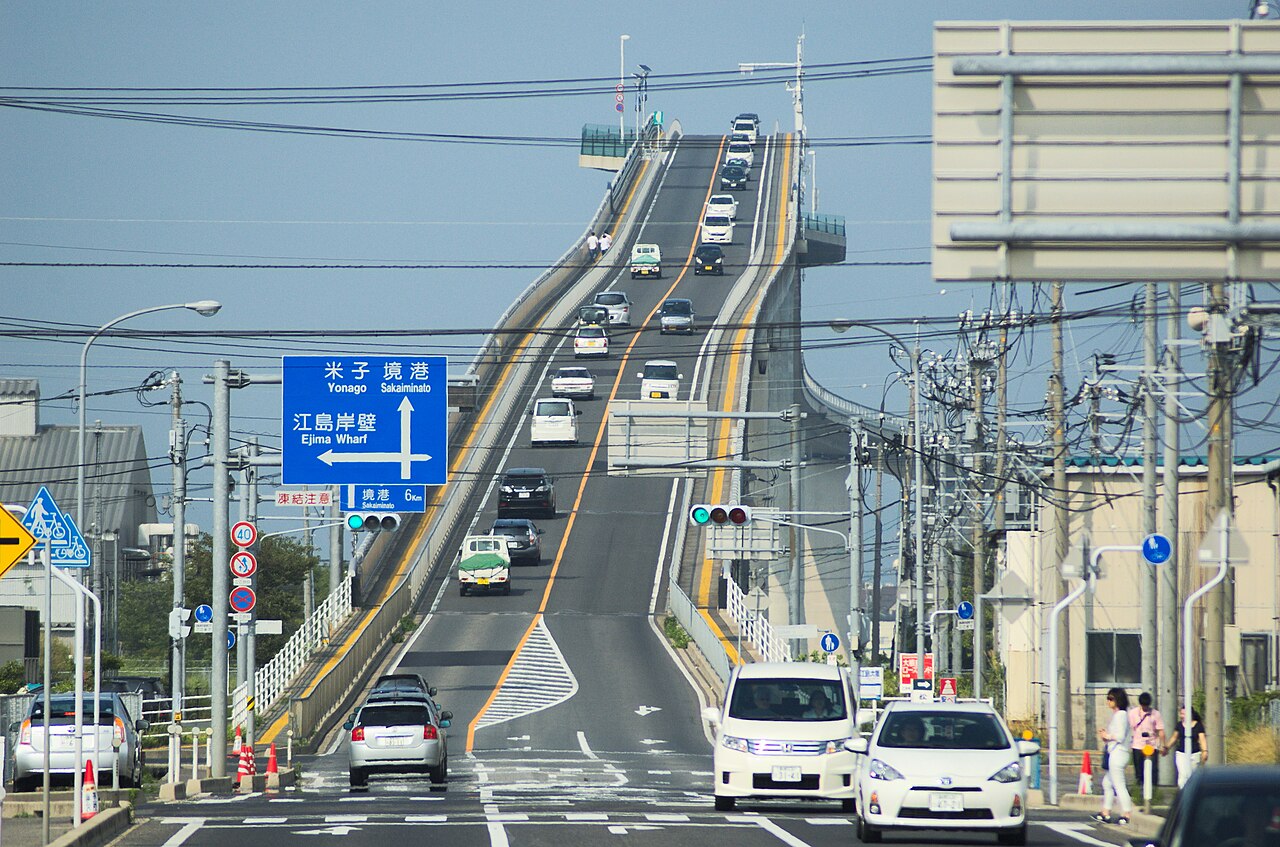 望遠レンズの圧縮効果で急勾配に見える江島大橋、通称ベタ踏み坂