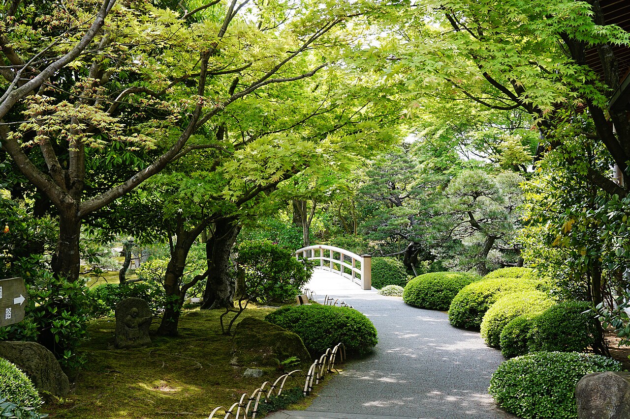 由志園の新緑と木造の橋