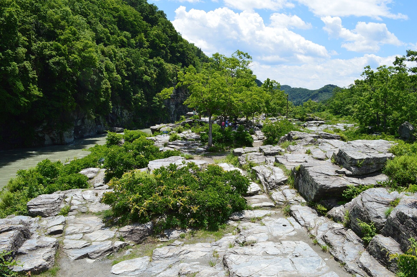 紅葉に彩られた長瀞岩畳とライン下りの舟
