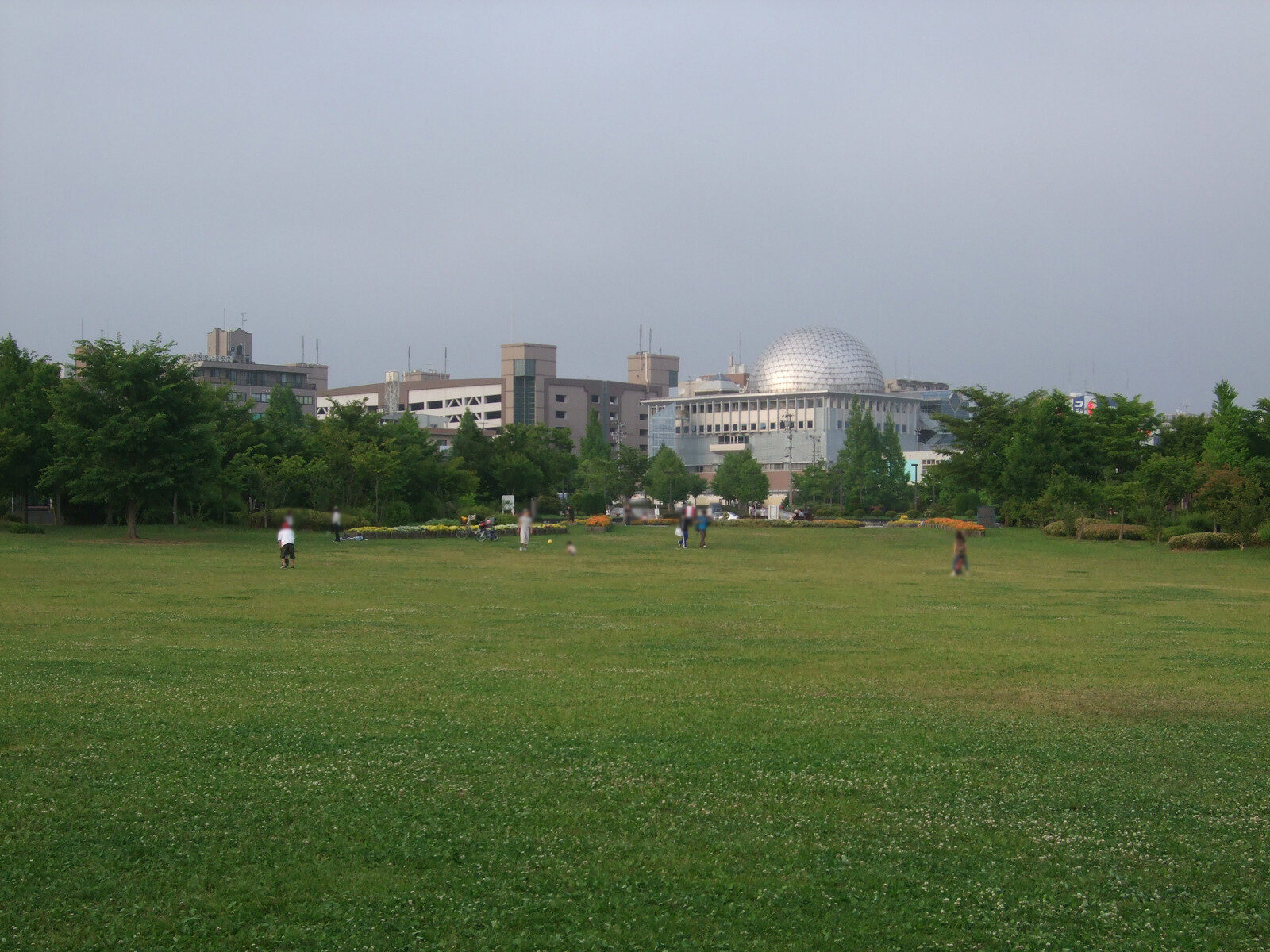 七北田公園の広い芝生広場とイズミティ21のドーム屋根