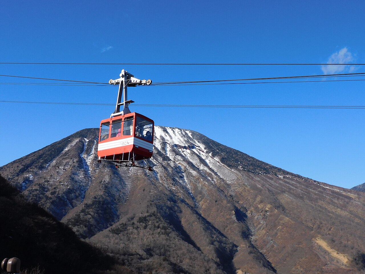 冬晴れの空を進む明智平ロープウェイのゴンドラと男体山