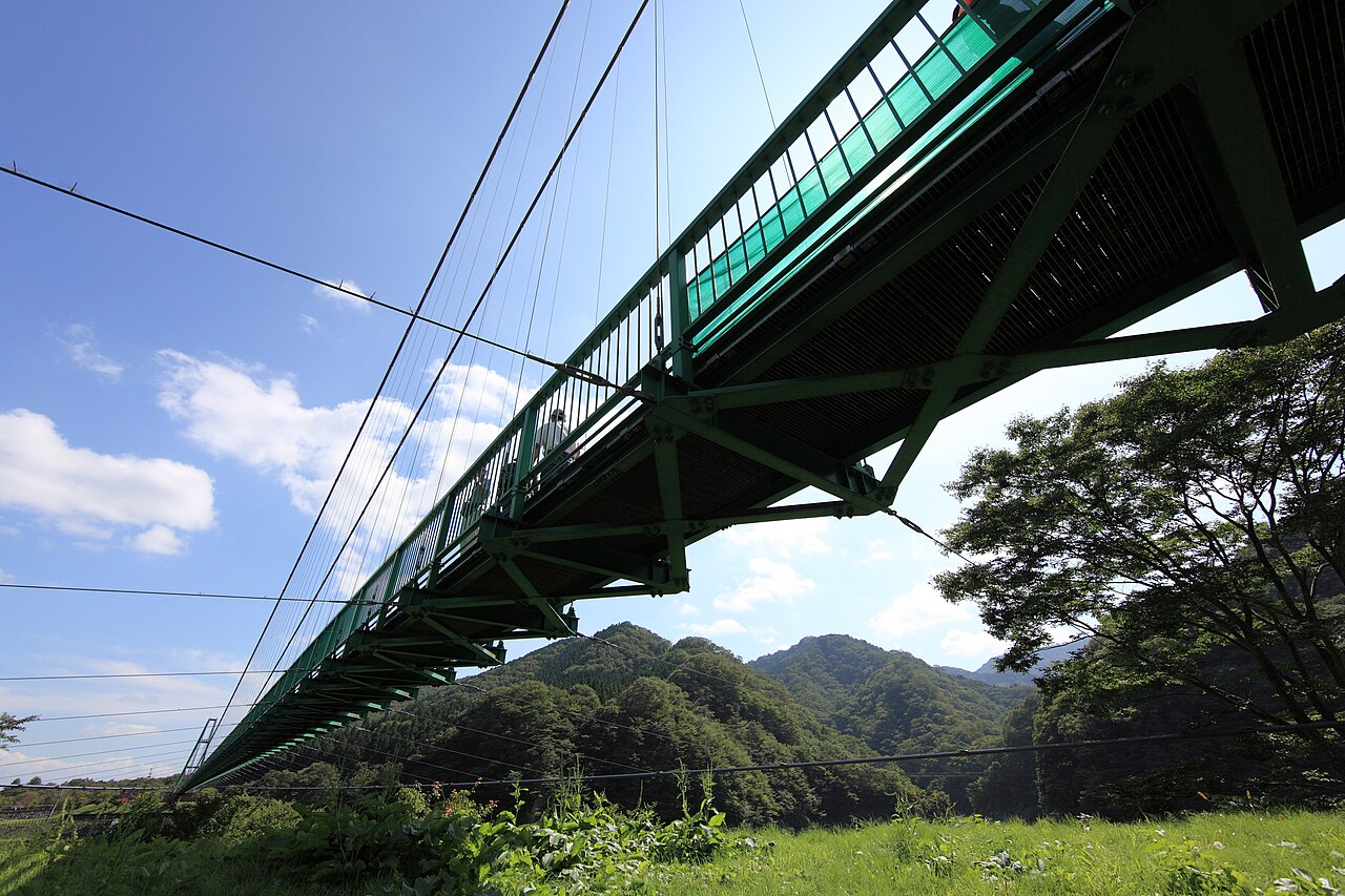 もみじ谷大吊橋の橋桁の構造を真下から捉えた写真