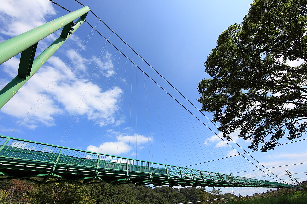 もみじ谷大吊橋の主塔とワイヤー、空へ伸びる橋の全景