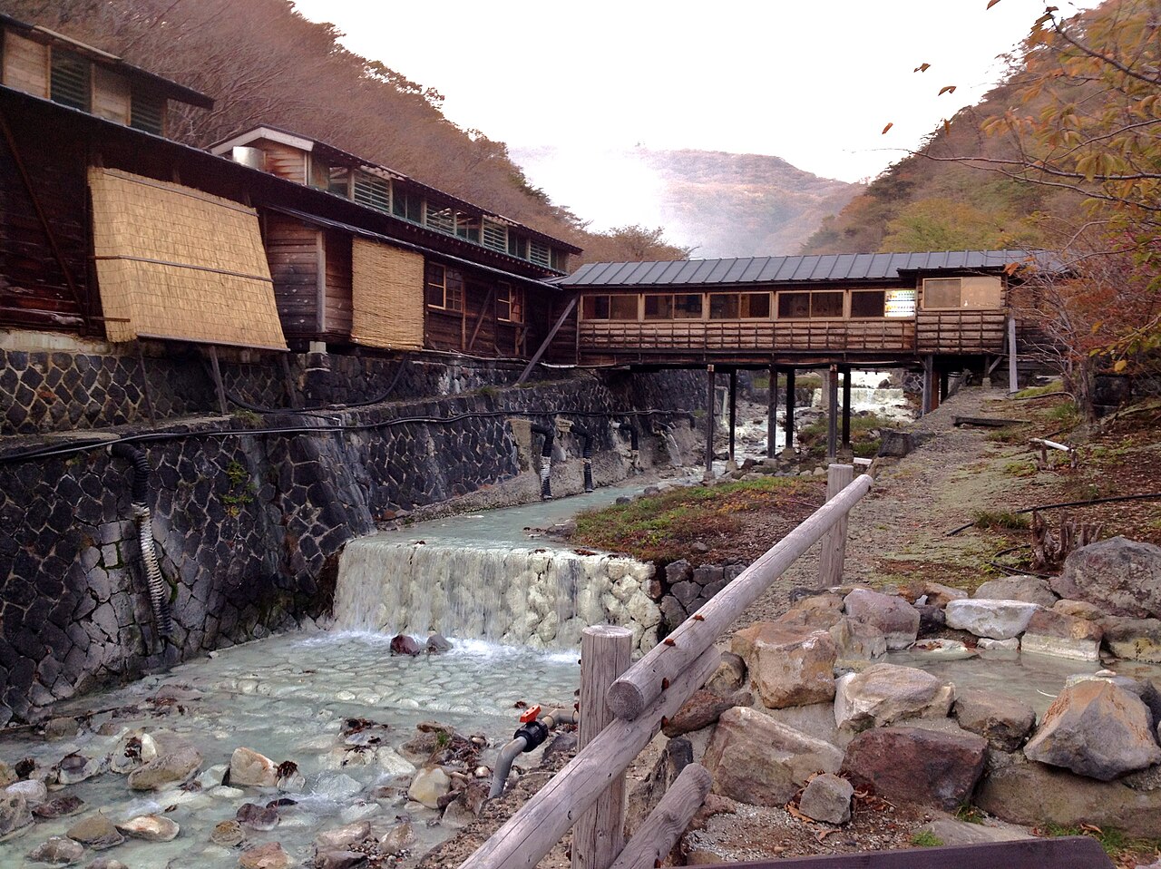 鹿の湯の木造湯屋と、乳白色の湯が流れる湯川、渡り廊下