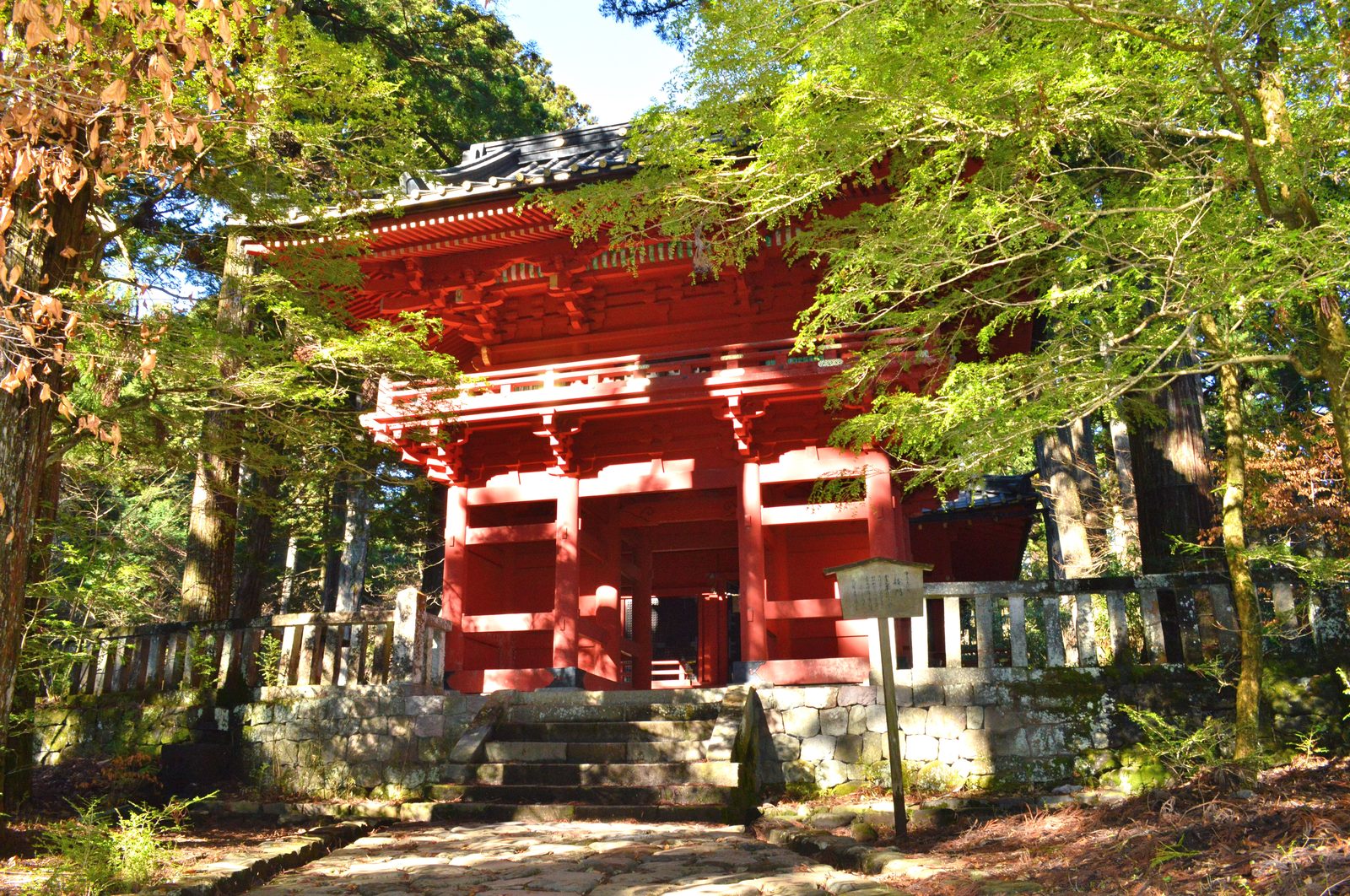 滝尾神社の楼門。杉木立に囲まれた静寂の参道に立つ