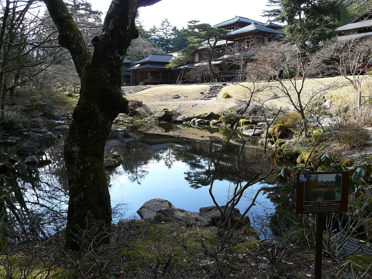 日光田母沢御用邸記念公園の庭園の池と御殿の建物