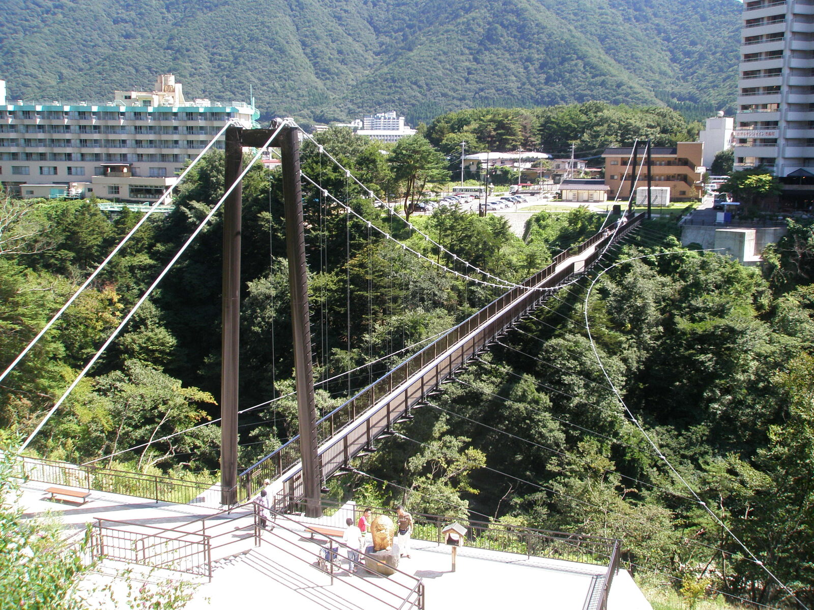 楯岩鬼怒姫神社が鎮座する楯岩と、鬼怒川に架かる鬼怒楯岩大吊橋の全景