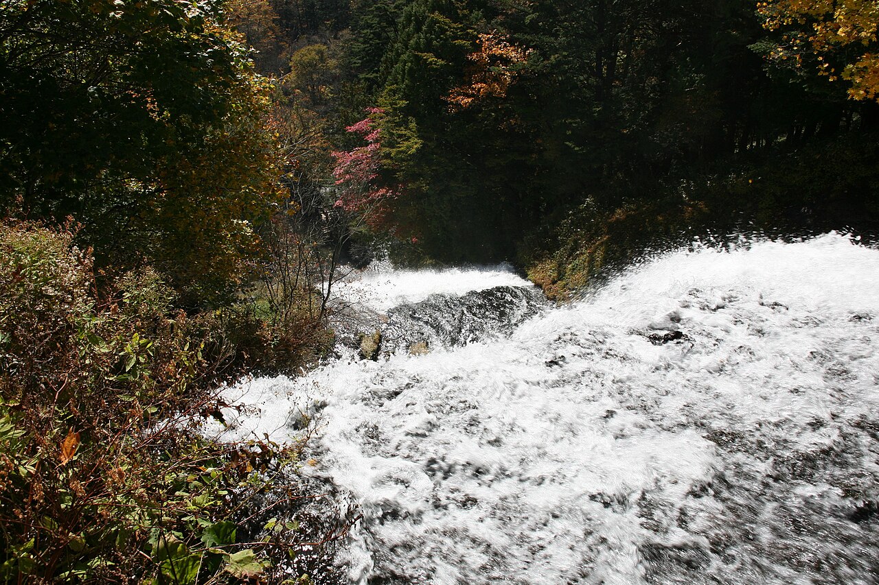 紅葉期の湯滝の落ち口。白く泡立つ激流と色づいた木々