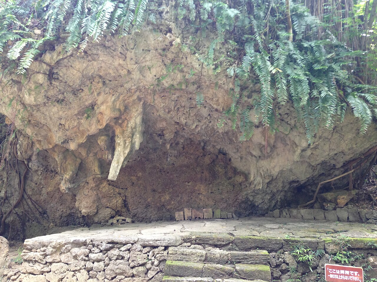 斎場御嶽の寄満。シダの垂れる岩陰と石畳の拝所